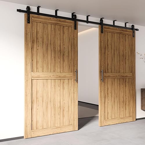 Miniatura 1 de Homacer Kit de herrajes para puerta corrediza de granero sin derivación, para puertas doblesdobles, pista plana de 10 pies de largo, solo uso