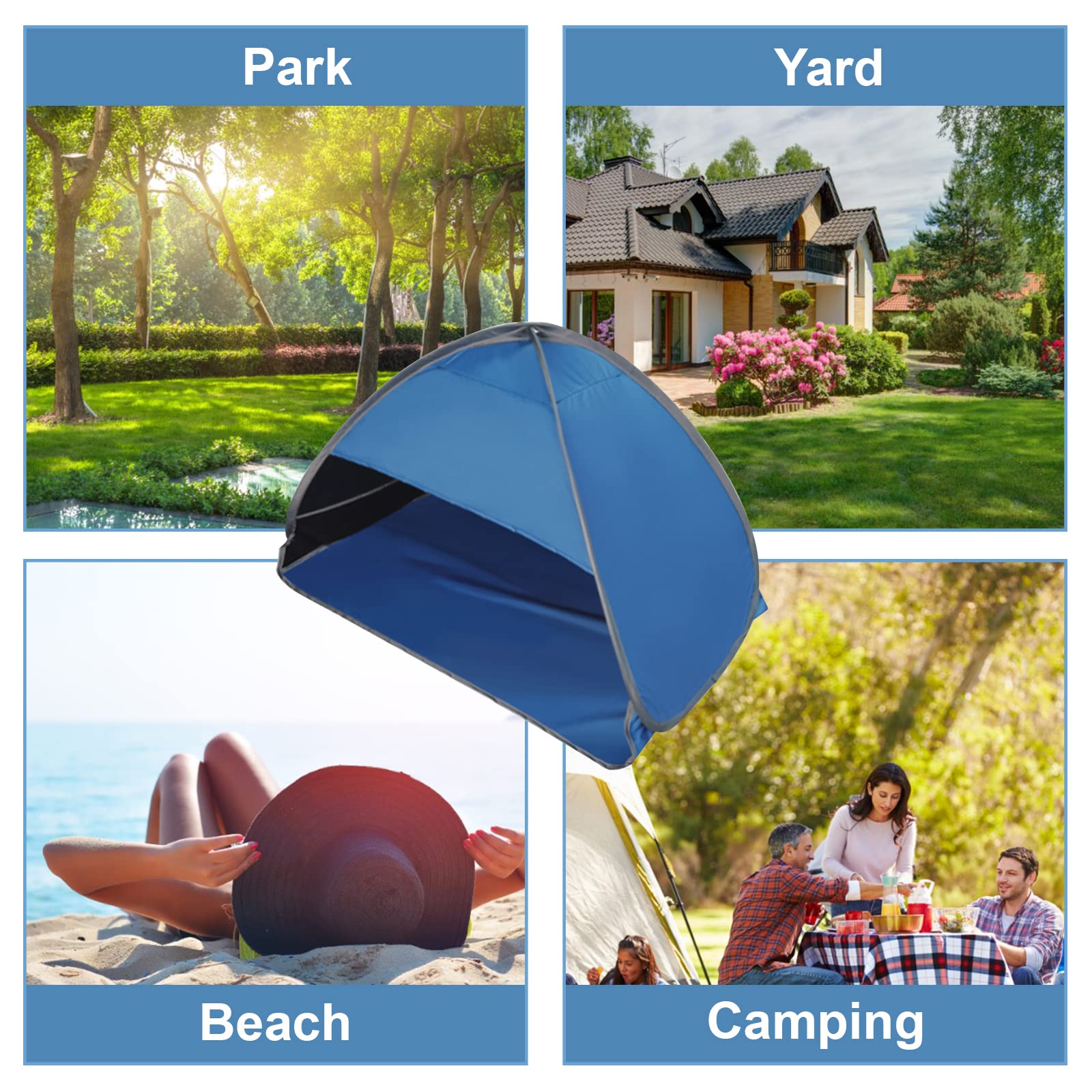 Tente de plage pop-up - 1 lot de tente de plage pliable - Abri solaire anti-UV - Mini tente tête pour l'extérieur, camping, pique-nique, plage - Noir colle bleue - M