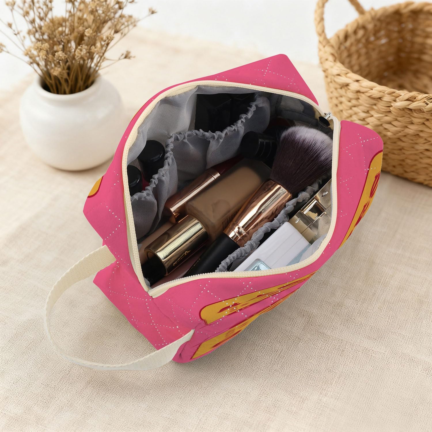 Pink Sardine Can Printed Quilted Makeup Pouch for Women - Velvety Polyester Cosmetic Organizer w/Triple Compartments, Travel & Makeup Brush Holder - Image 4