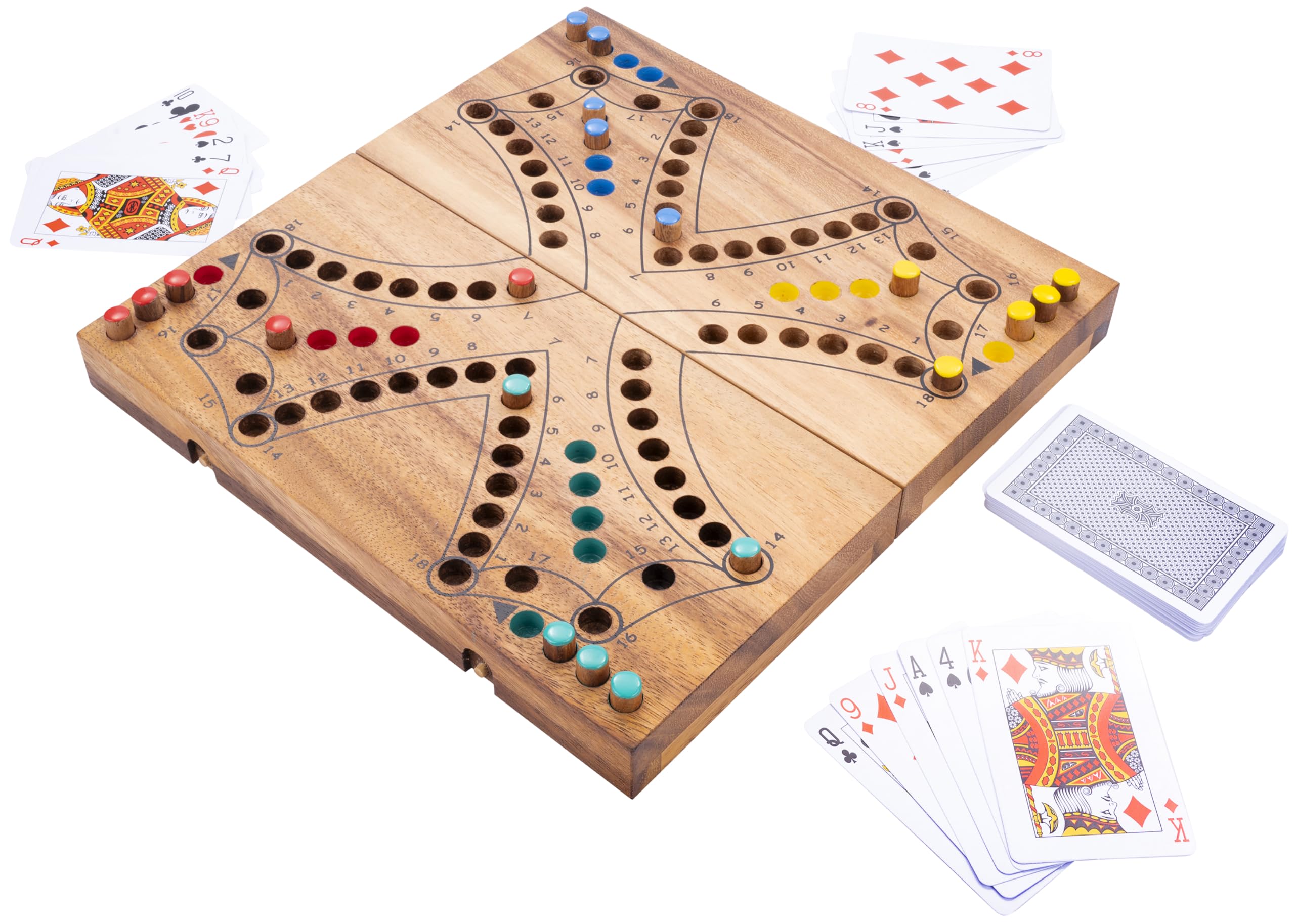 Engelhart - 350261 - Jeu de Tock en Bois - 4 Joueurs - Coffret en Bois Écologique - Jeu Traditionnel Canadien - Parcours avec Cartes - À partir de 6 Ans - Amusant et Stratégique