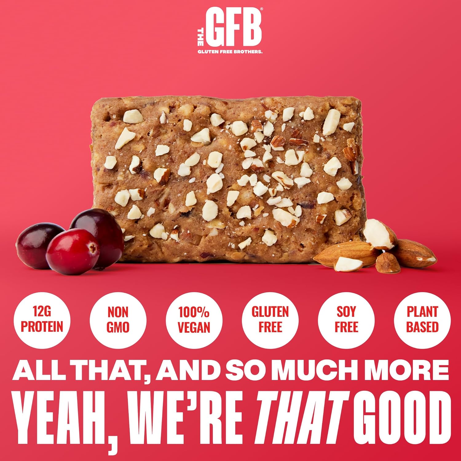 The GFB Cranberry Toasted Almond Protein Bars - Gluten Free, Plant Based, Non GMO, Sustainably Made – Ridiculously Tasty, Healthy, Vegan, Nutrition Snack Protein Bars, 2.05 oz (12 Count)