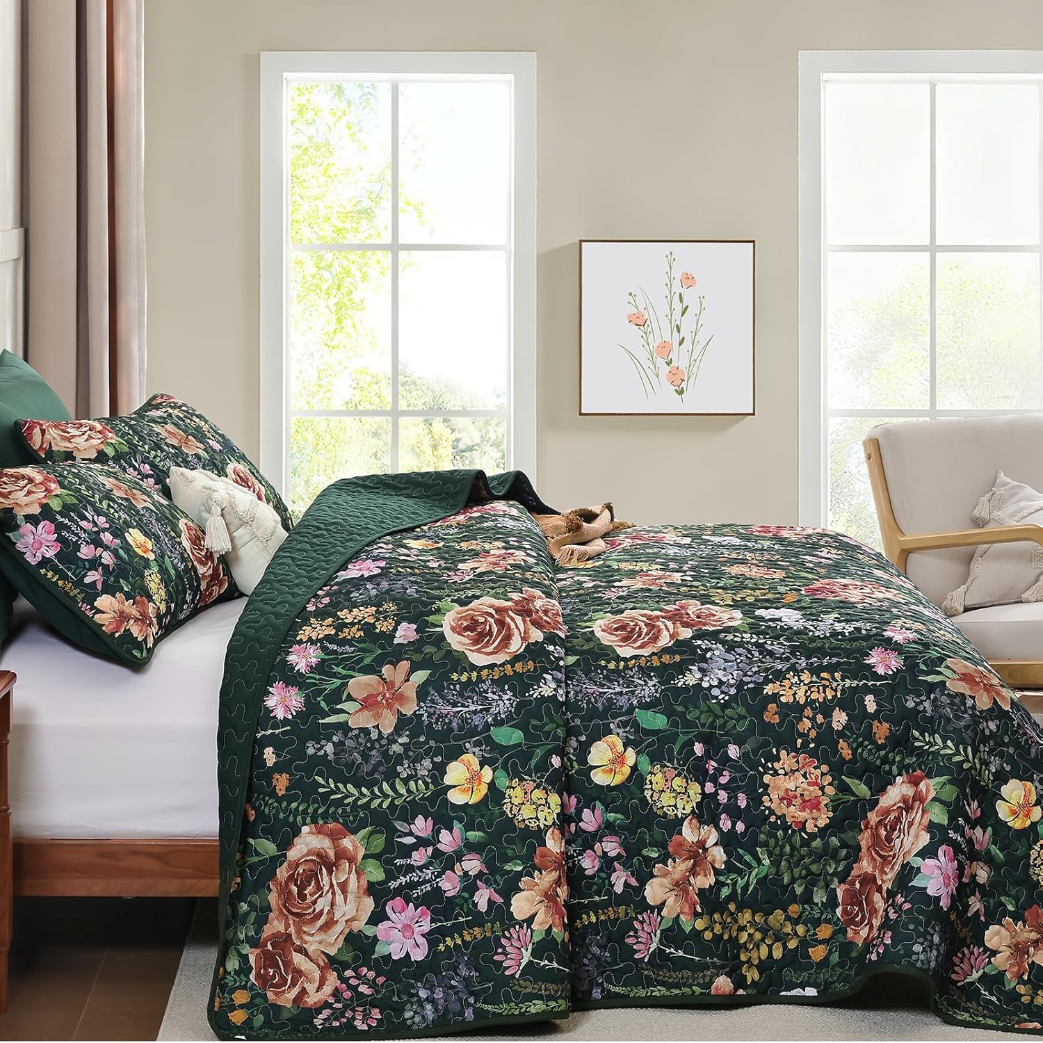 WONGS BEDDING Green Quilt Set King Size, 3 Piece Red Floral Leaves Pattern Botanical Bedding Set, Soft Lightweight Microfiber Bedspread Coverlet with 2 Pillowcases for All Season (104"x90")