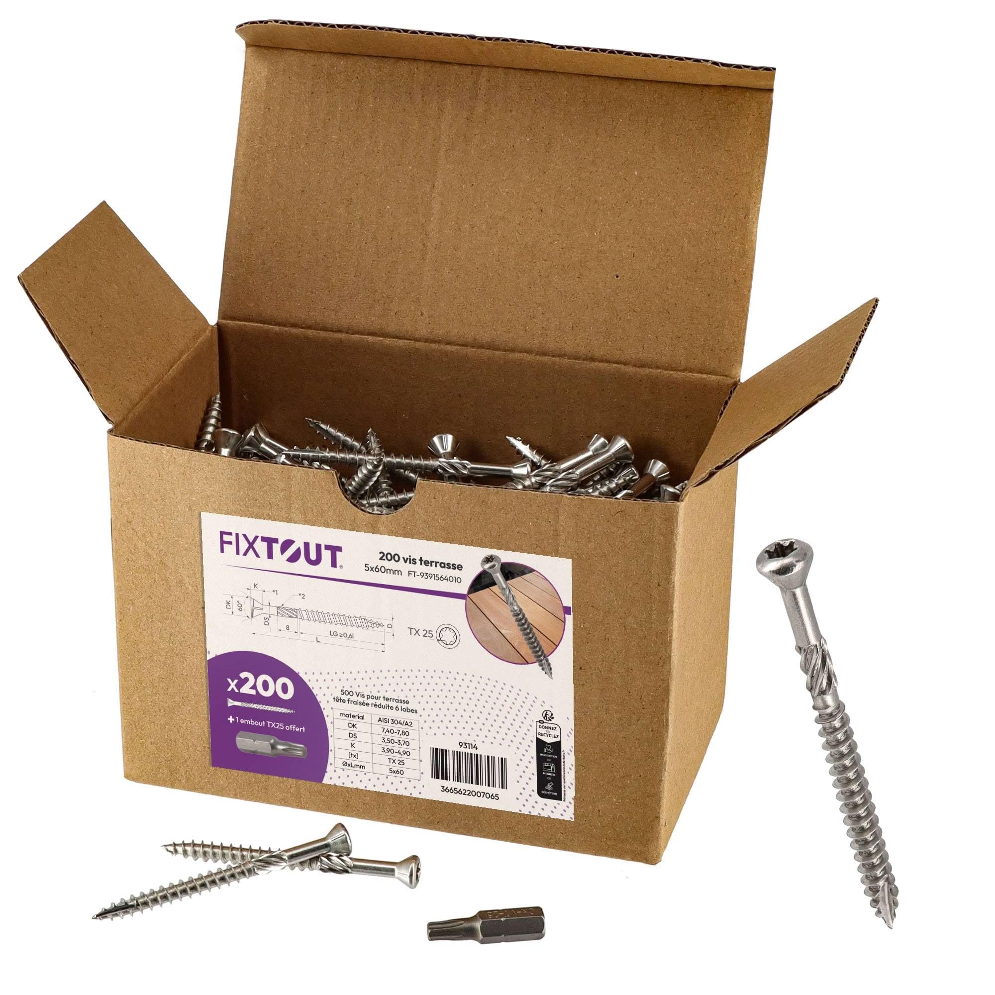 Lot de 200 vis terrasse en INOX A2 à tête réduite crantée - Diamètre de 5 mm - Longueur 50 mm