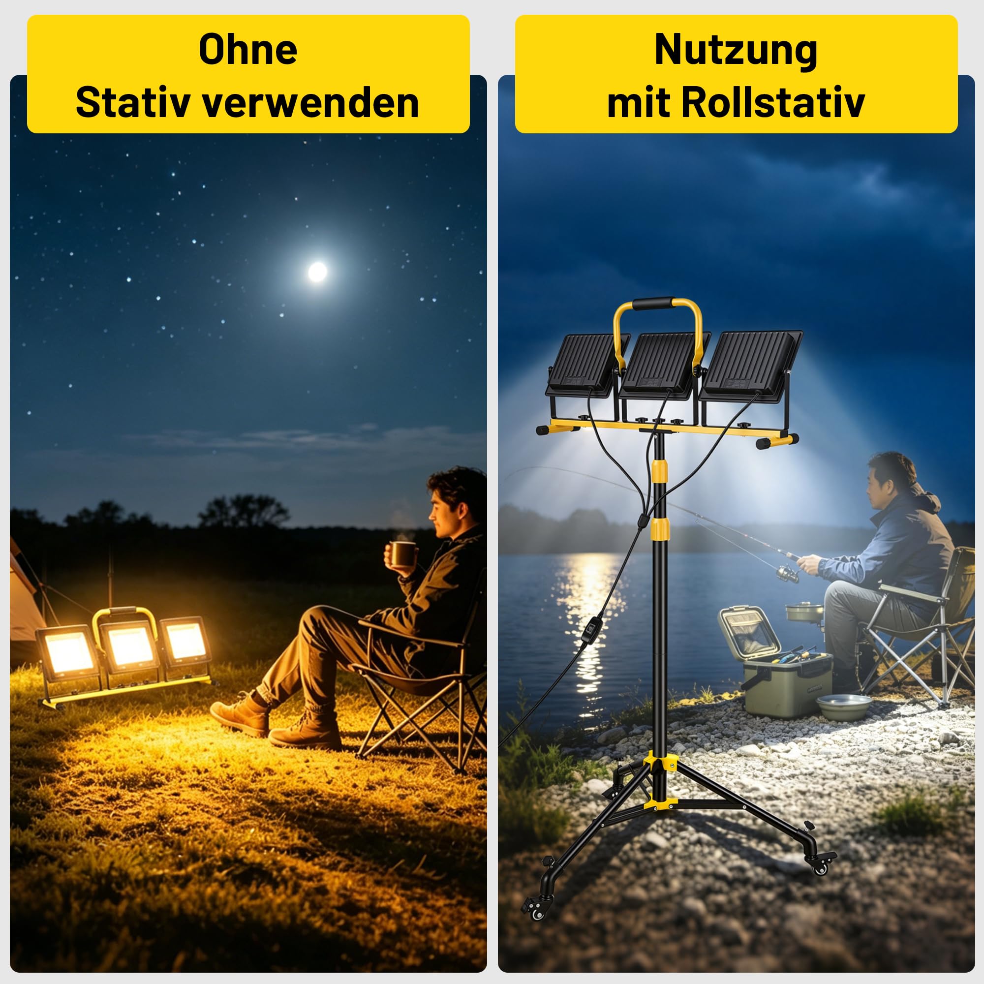 YEARTOP Baustrahler LED mit Rollstativ, IP66 Baustrahler mit 5 m Netzkabel | Höhenverstellbar 98-155 cm, 300W Baustellenlampe Dreifarbig (3000K/5000K/6500K) für Baustelle/Renovierung/Detailing/Werkstatt