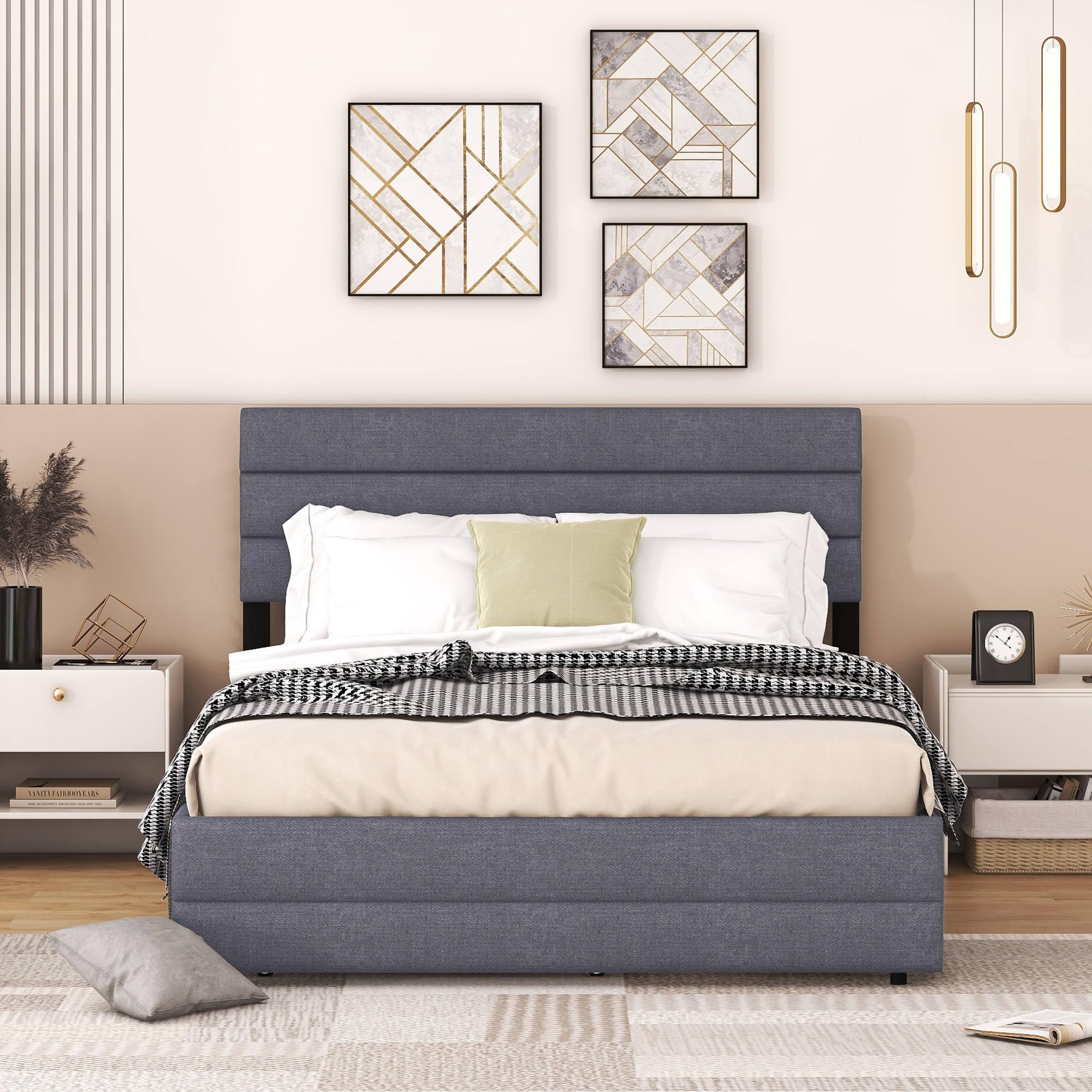 YCYDHDM gestoffeerd bed 140x200cm, tweepersoonsbed met 2 laden en gestoffeerd hoofdeinde, bedframe met opbergruimte en lattenbodem, opbergbed voor