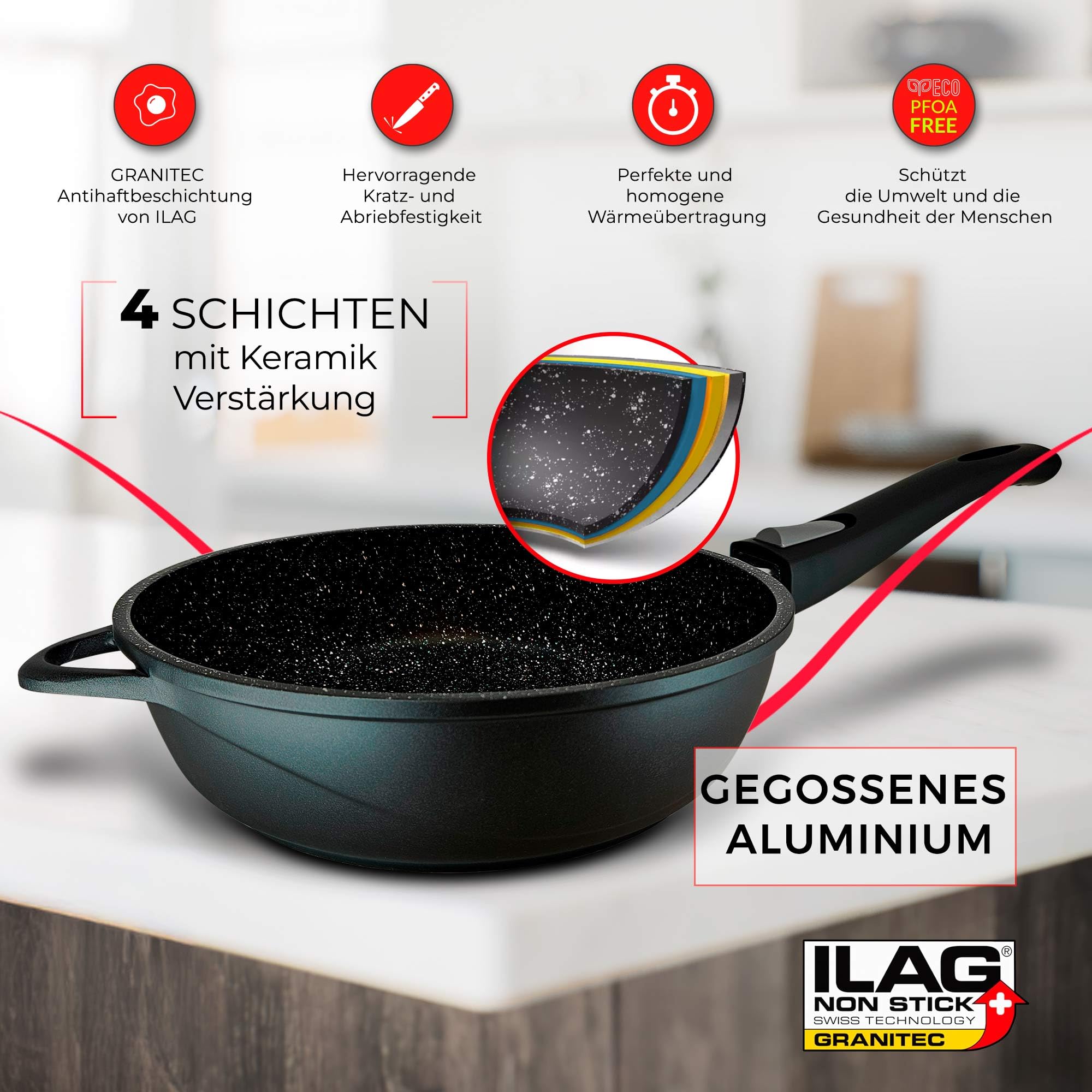 briebe Pfannenset Induktion 2 Abnehmbare Griffe 2-Teilig Pfannen Tiefe 24cm, 28cm mit Glasdeckel Gussaluminium, Antihaft ILAG GRANITEC ohne PFOA, Glaskeramik, Gas, Ofen MGK-19S