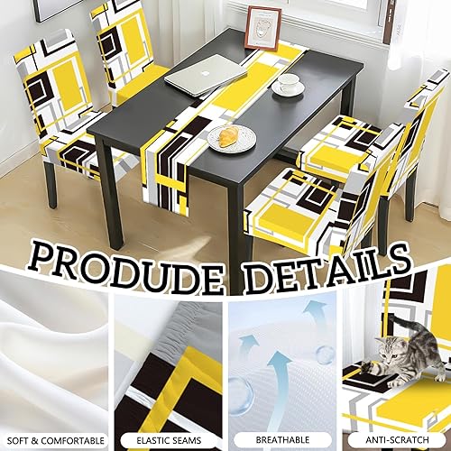 Miniatura 2 de MCALK Juego de 4 fundas para sillas de color amarillo abstracto y camino de mesa, fundas elásticas para sillas amarillas para cocina, protector de