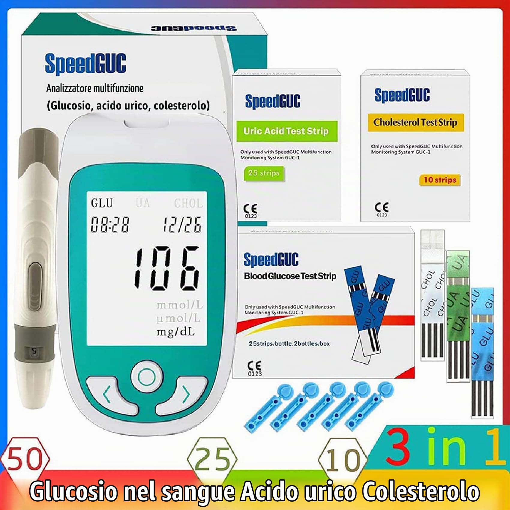 Kit di controllo salute domestico, analizzatore 3 in 1 per glucosio, acido urico e colesterolo con rilevamento preciso, dispositivo di monitoraggio ideale per casa, cliniche e ospedali