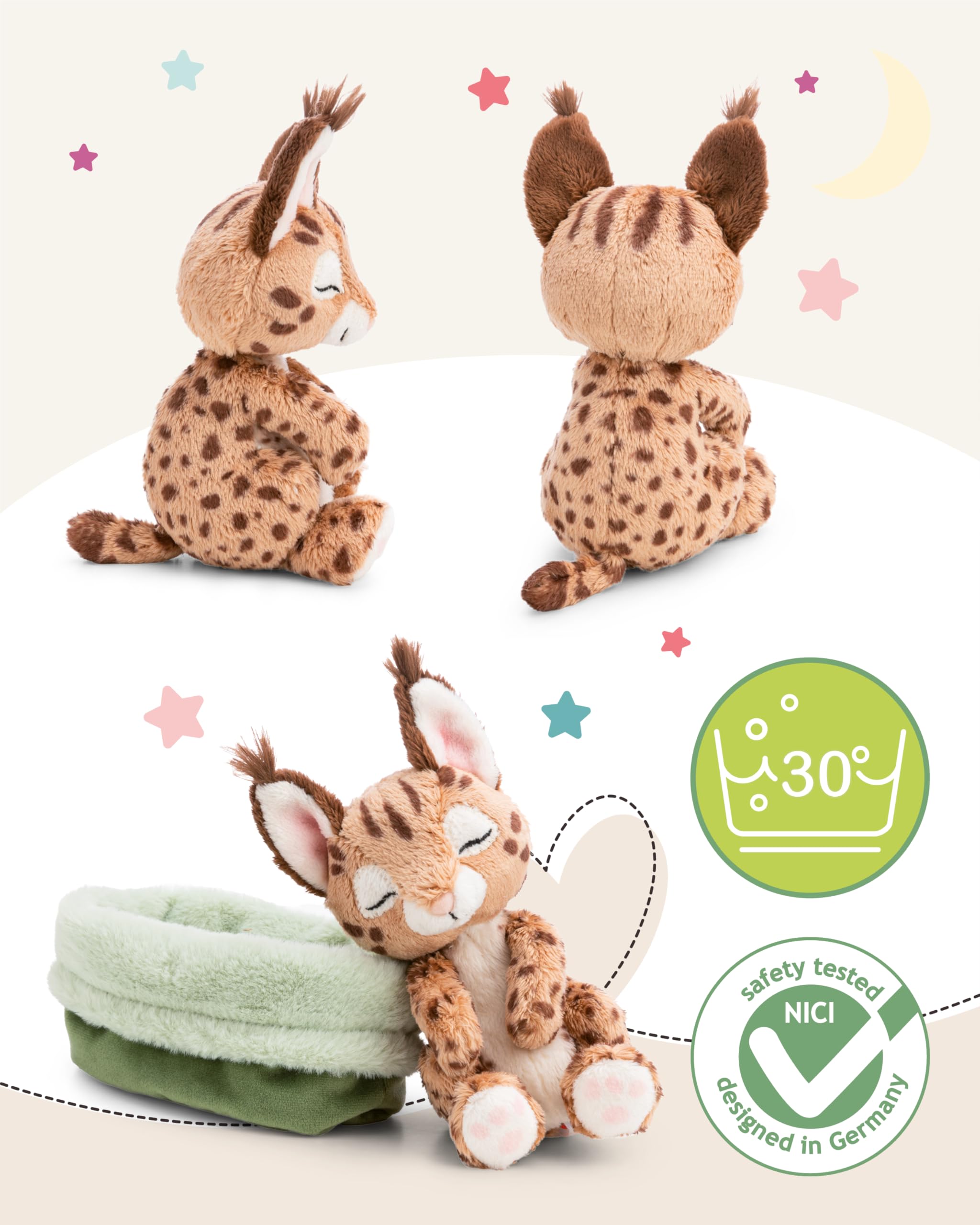 NICI Peluche caracal 12 cm durmiendo en una cestita, marrón, Peluches Decorativos, Juegos para niños, Ideas para Regalar - 62874