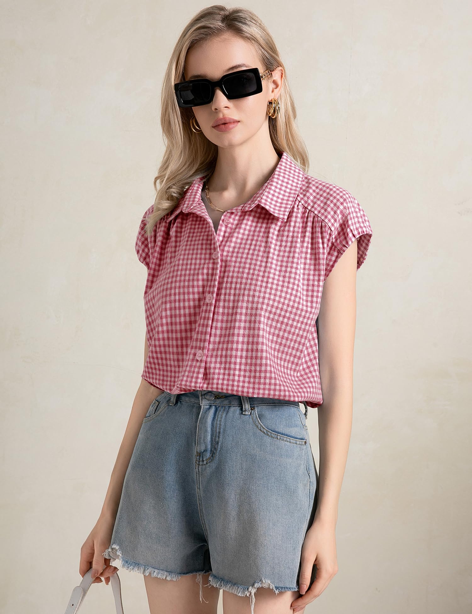 EFFAN Blusa de algodón para mujer, con manga casquillo, cuello en V, para verano, con botones, holgada, para el trabajo 2025
