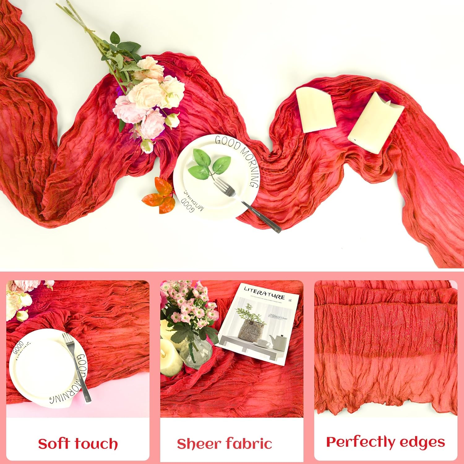 MIAHART Cheesecloth Table Runner,35"x120"Cheesecloth Gauze Table Runner Boho Cheese Cloths Table Runners for Wedding, Party, Birthday Décor (6, Red)