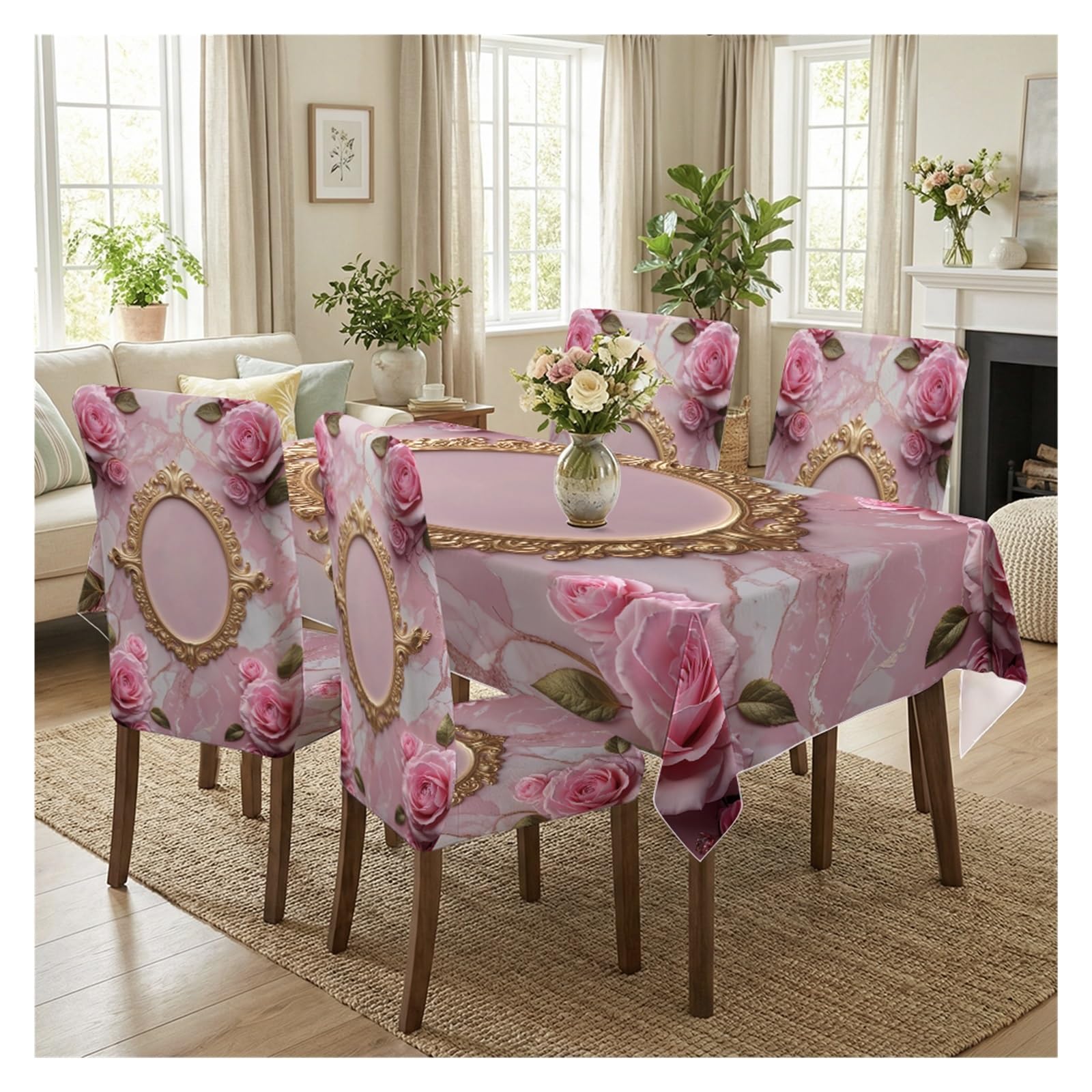 BOSUYBN Stretch Dining Chair Slipcover & Tablecloth Set, Pink Marble Rose Gold Frame Floral Print, 5/7 Pack, Luxury Romantic Home Decor Table Setting(5pcs Set: Tablecloth+Chair Covers)