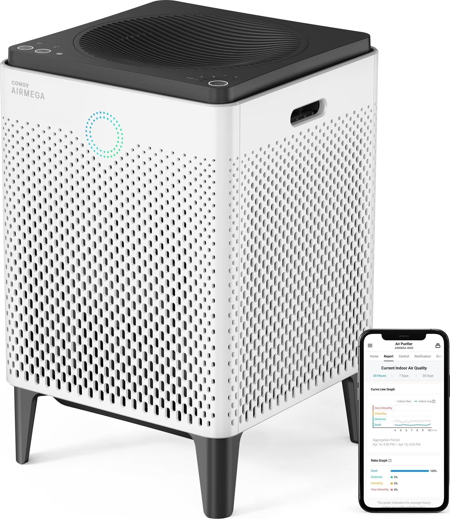 Coway Air Purifier For Large Room Whole Home Up To 3,120Ft², Hepa Filter For Smoke, Allergies, Pet Dander, Odor, App-Enabled, Aqi, Smart Mode, Timer, 5Yr Warranty, Airmega 400S White