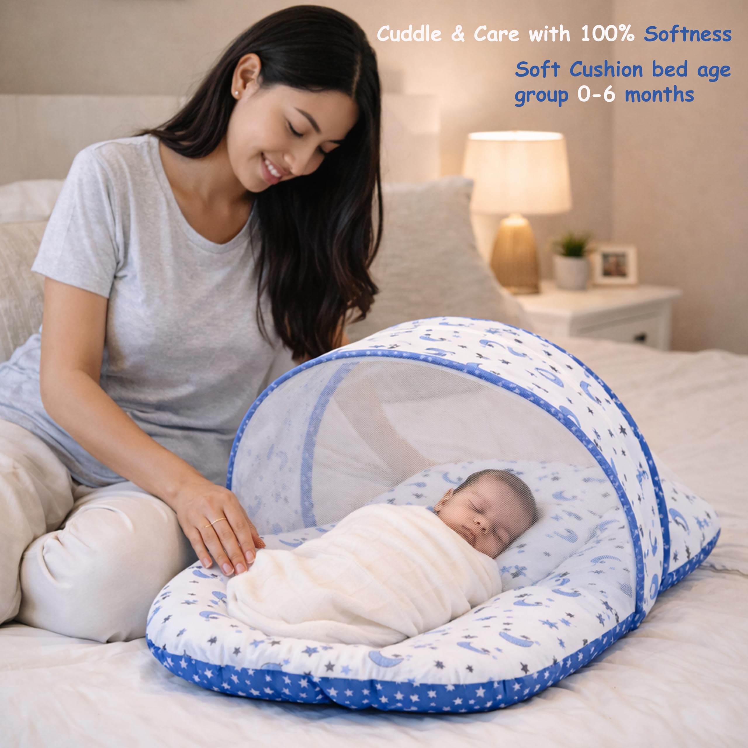 Fareto Combo of Baby Bed with Net | Carry Bag | 4 Pcs Bedding Set (0-6 Months, Baby Size, Cotton) (Blue Moon)