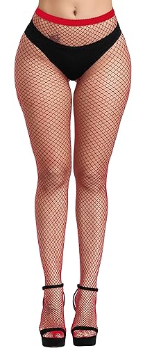 Women's High Waisted Fishnet Stockings Sexy Tights Thigh High Pantyhose - Red-m