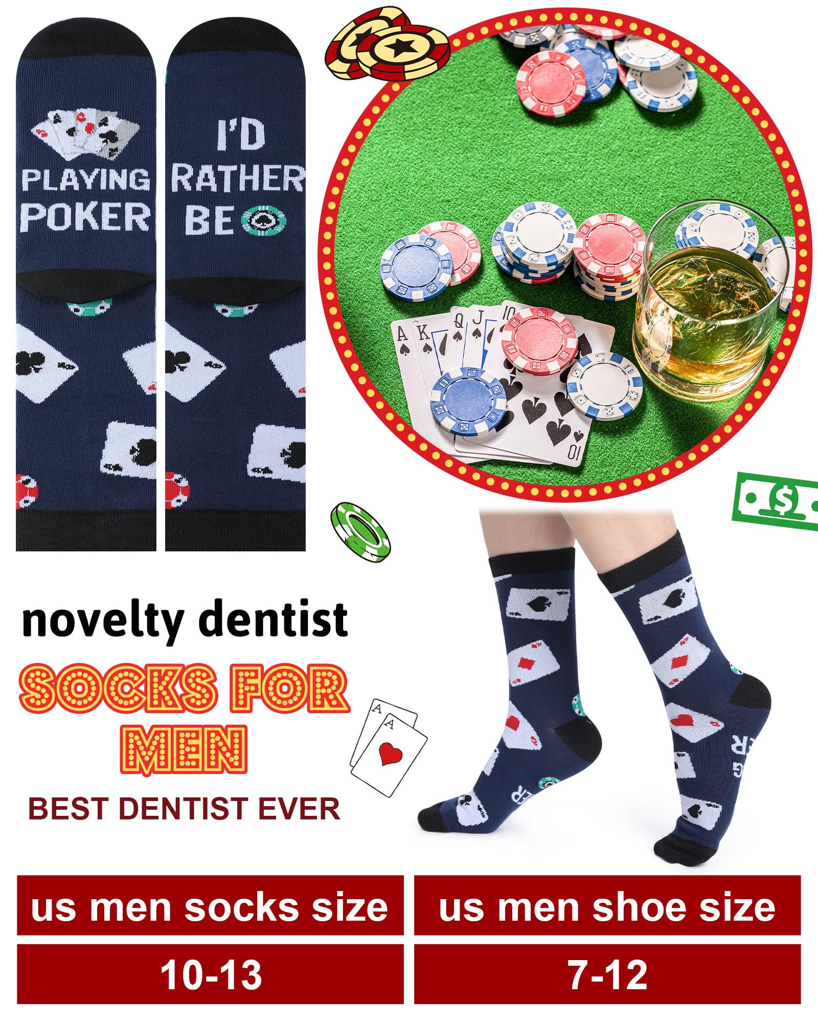 Eurzom 6 Pairs Funny Casino Crew Socks for Men Women Novelty Poker Dice Pattern Sock Mom Father Birthday Gift Casino Lover