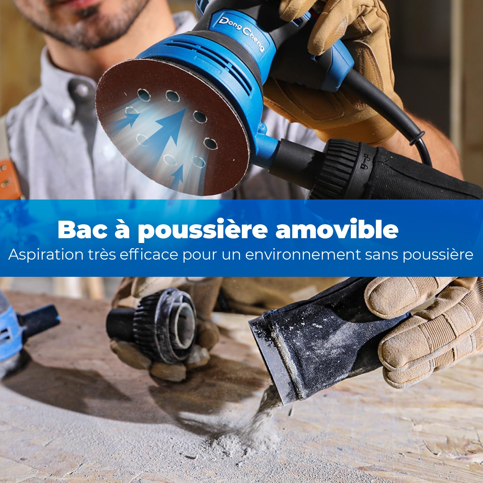 DongCheng Ponceuse excentrique 300 W, 125 mm, 6 vitesses, 4000-12000 tr/min avec dépoussiéreur et 10 types de papier de verre, Ponceuse orbitale aléatoire, idéale pour les travaux de bricolage