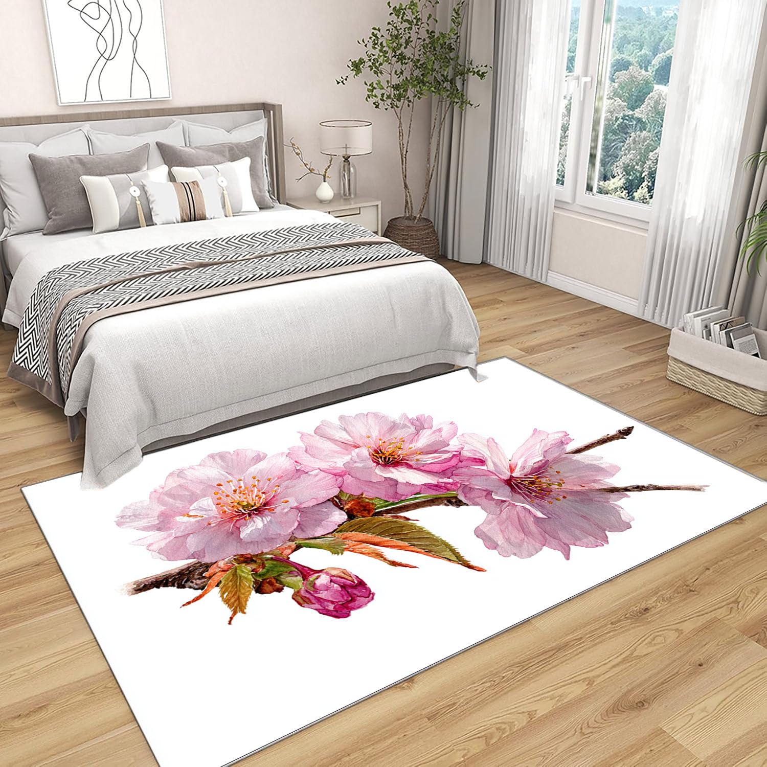 Tapis de Salon Imprimé Coloré Fleurs de Cerisier en Poudre pour Salon, Chambre, Bureau(Rose pâle)-90x120cm
