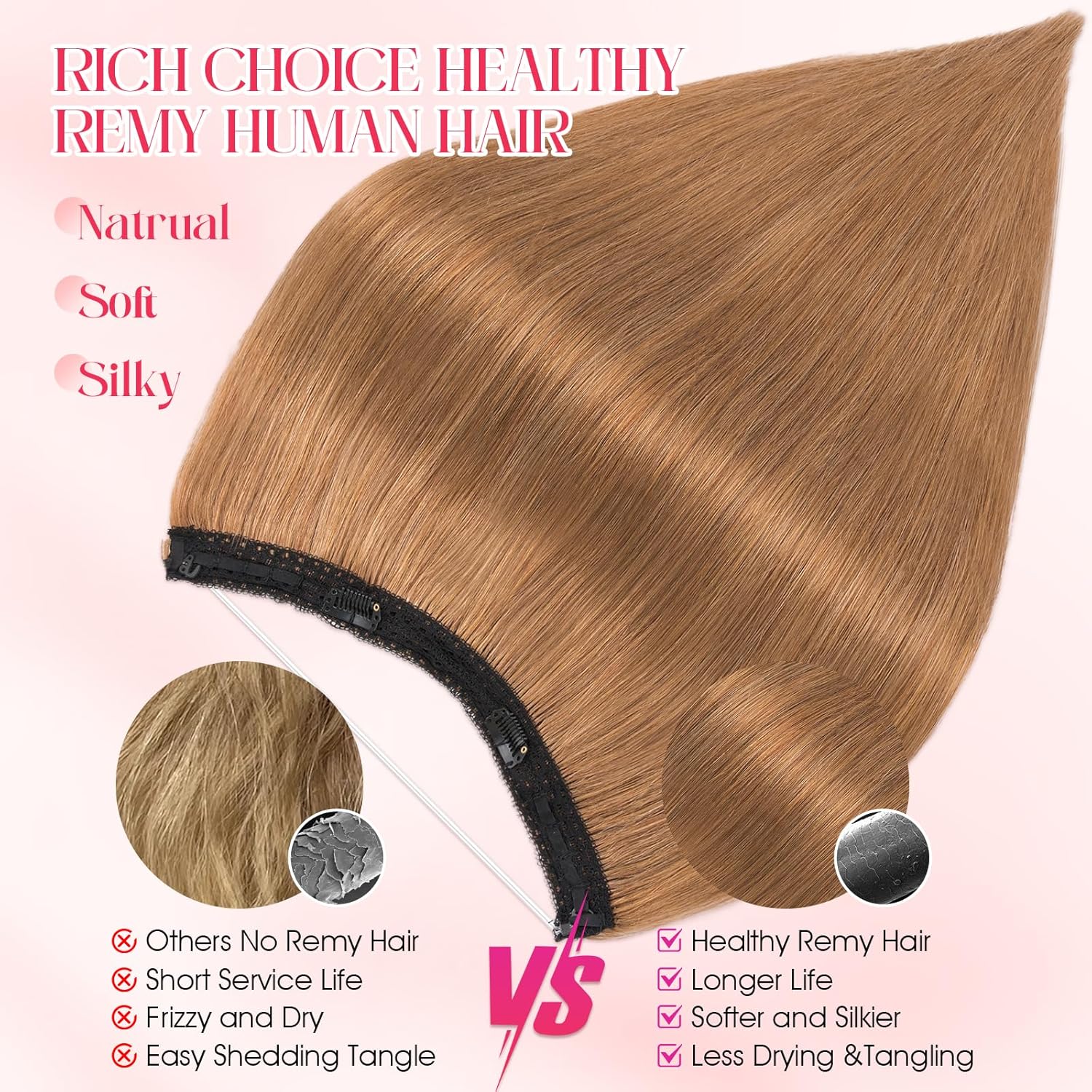 Rich Choices Halo Hair Extensions Real Human Hair 100% Human Hair Halo Extensions for Women Invisible Wire Hair Extensions Remy Halo Hair 16 Inch #6 Light Brown 16 Inch Light Brown