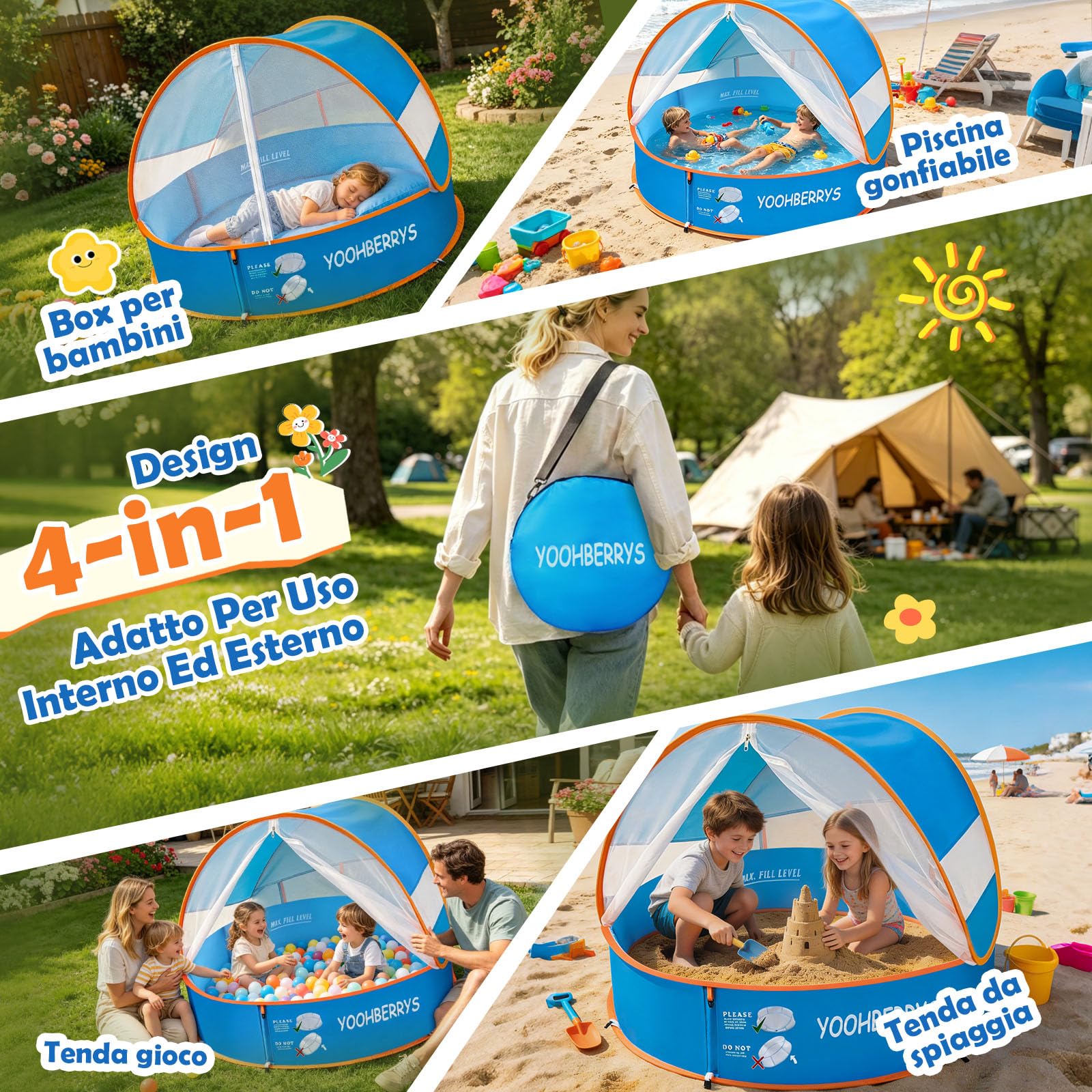 YOOHBERRYS Piscina Tenda da Spiaggia Pop Up 4 in1, Piscinetta Neonato Spiaggia con Anti-UV SPF 50+, Piscinetta per Bambini con Zanzariera, Tenda sole Spiaggia per Picnic, Giardino, Spiaggia