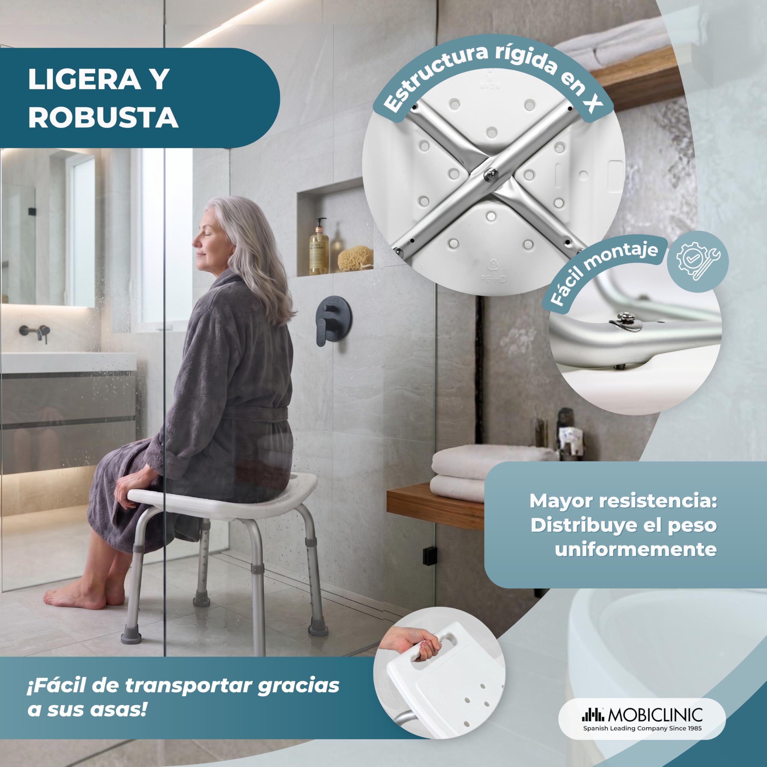 Mobiclinic®, Taburete de Baño, Conteras Antideslizantes, Regulable en 7 Alturas, Asiento en U, Agujeros Drenaje, hasta 100 Kg, Ligero, Fácil Montaje, Aluminio, San Fermín