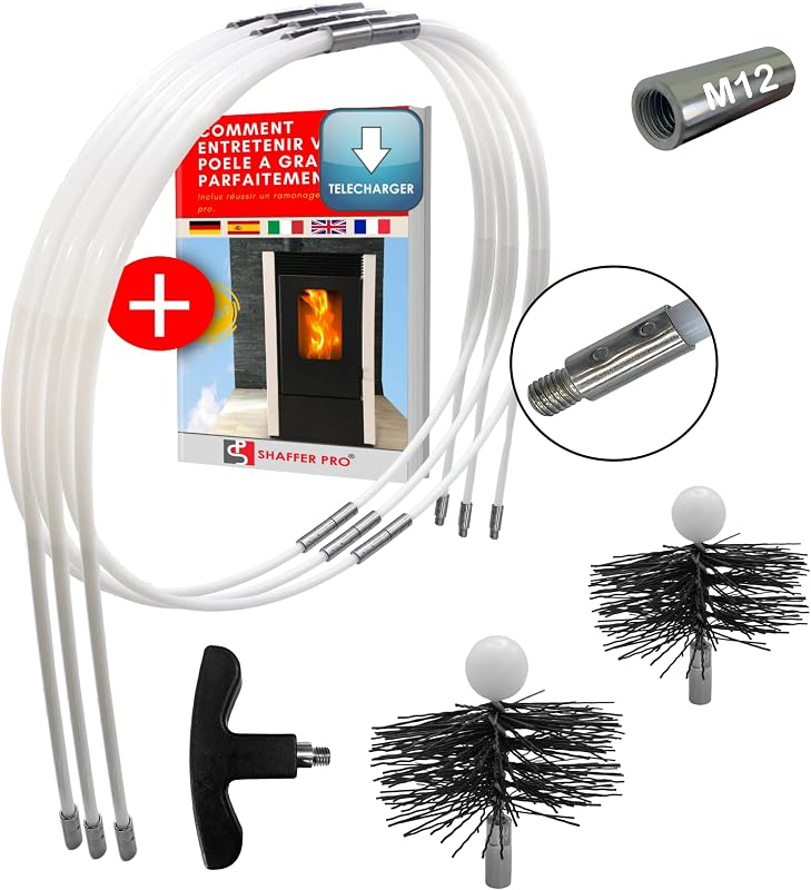 SHAFFER PRO - kit de ramonage poêle pellet 9 mètres - hérisson ramonage 80 mm 100 mm EASYFLEX [Ebook Offert à Télécharger poêle pellets granules] 15 cannes de ramonage flexible Adaptateur M12