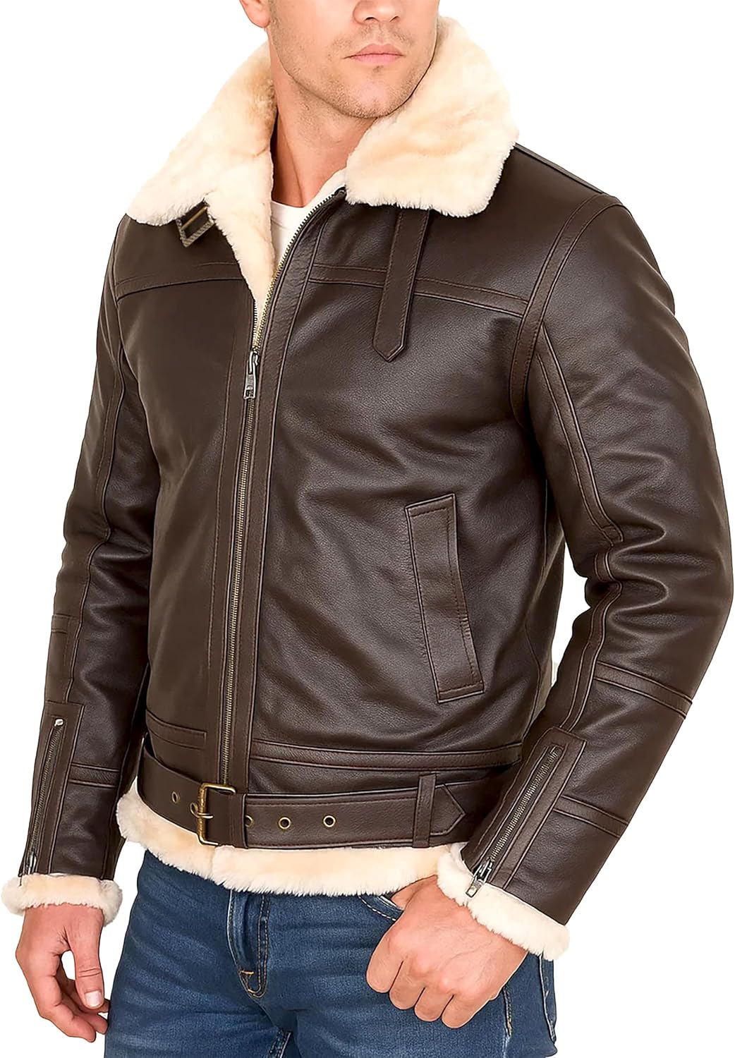 Mens B3 Aviator Shearling Jacket - Flight Pilot Sheepskin Leather Bomber Jacket Black/Brown - Image 2
