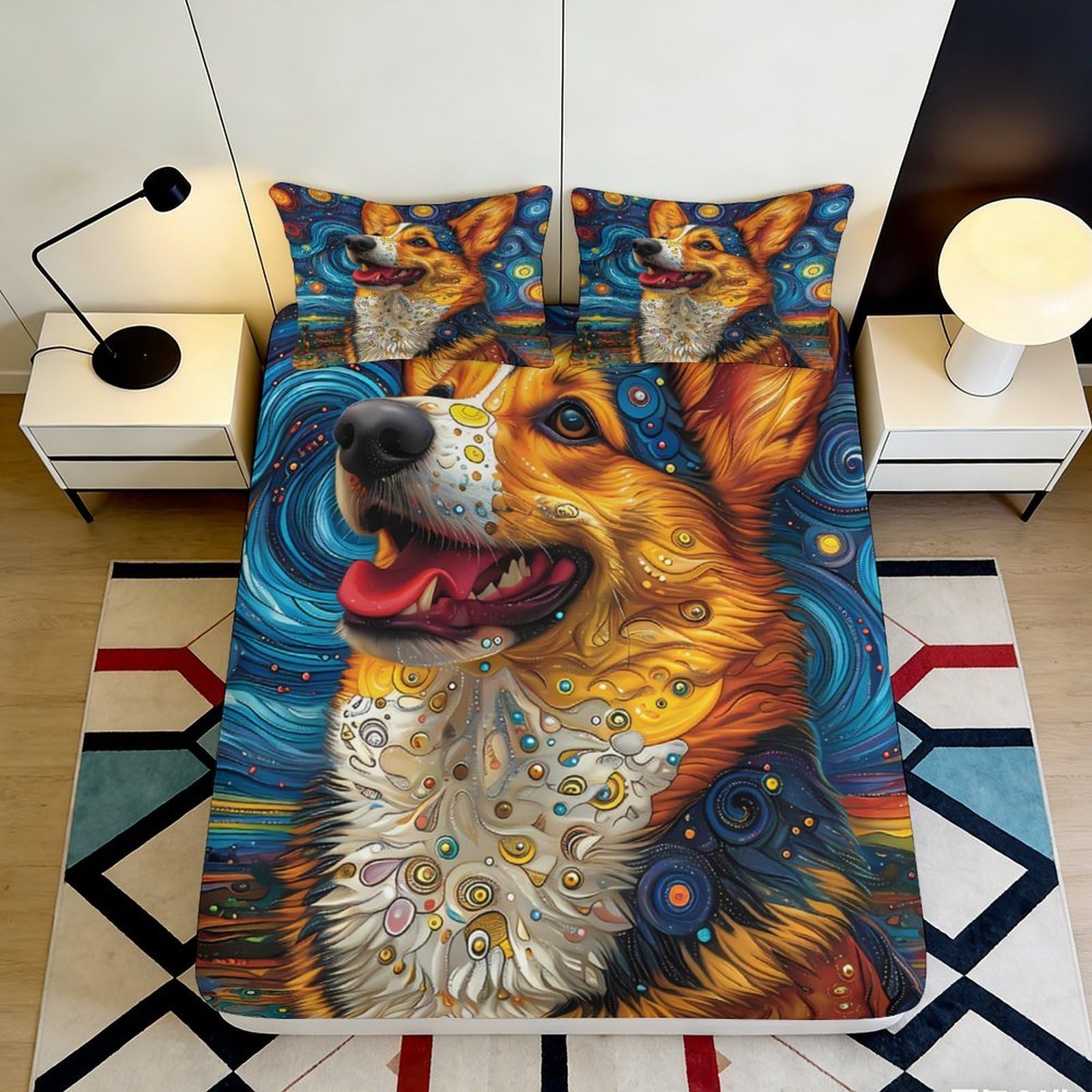 3D Printed Corgi Art Fitted Sheet Microfiber Orange Blue Dog Pattern Mattress Cover for Bedroom Guest Room Decor 200x200x25cm
