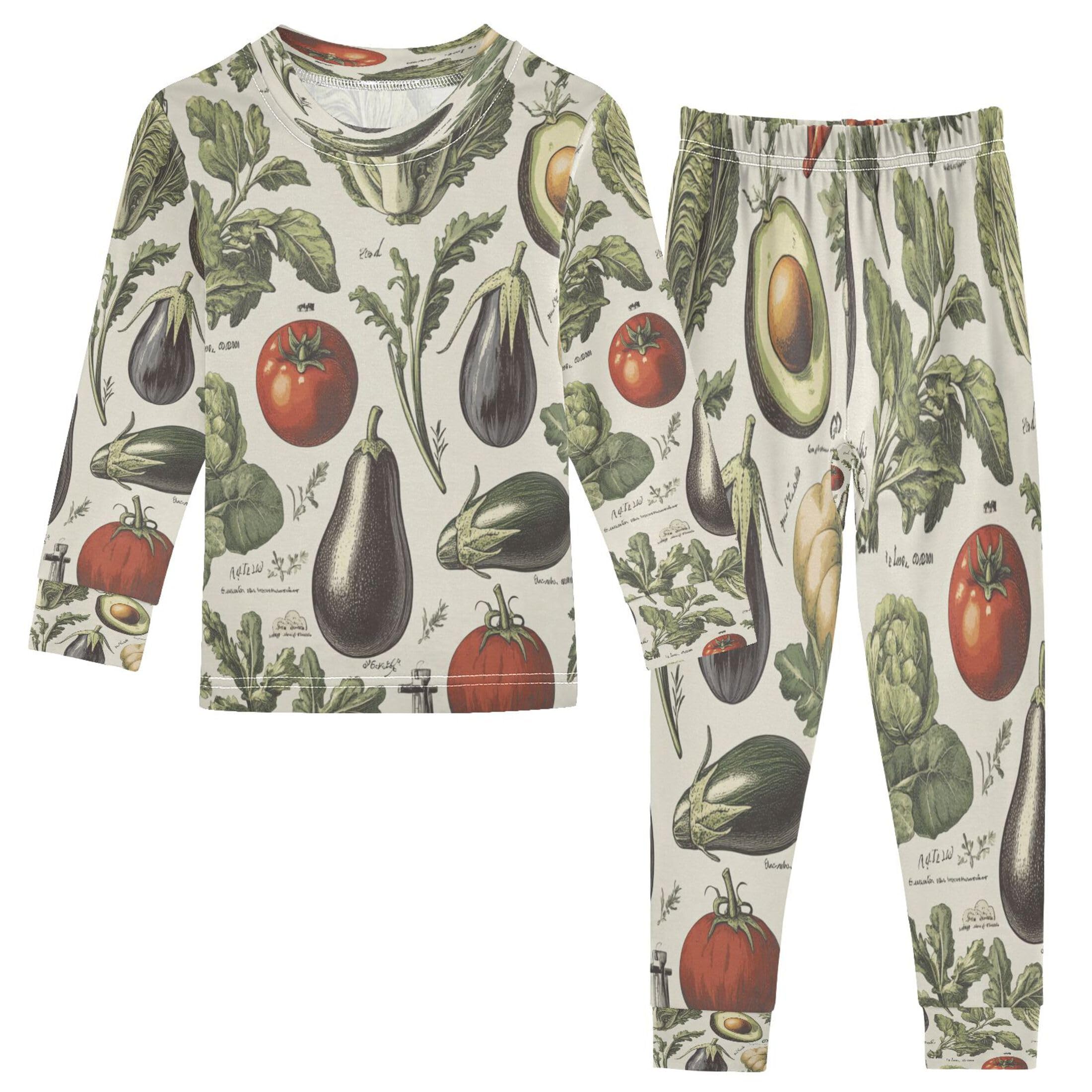 Vozoza Vagetable Vintage Food Pajama Sets Long Sleeve Top with Pants Cotton Soft Sleepwear 2 Piece Pjs Set Size 3T Multicolor
