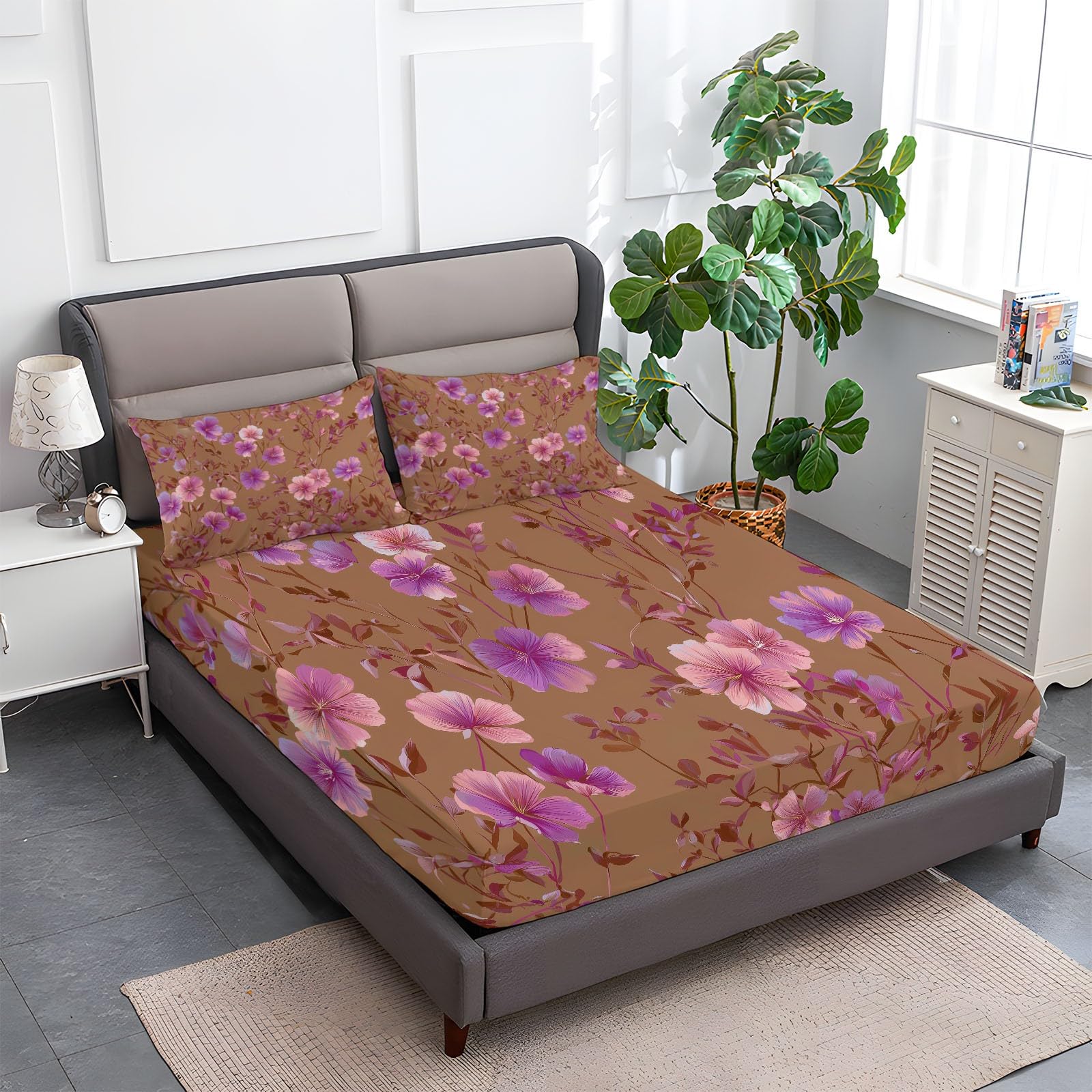 Oddychające prześcieradło z gumką 90 x 190 cm Oniryczna elegancja kwiatowa z gumką Prześcieradło z gumką z miękkiej mikrofibry, antypoślizgowe, odporne na zmarszczki, komplet pościeli, różowe