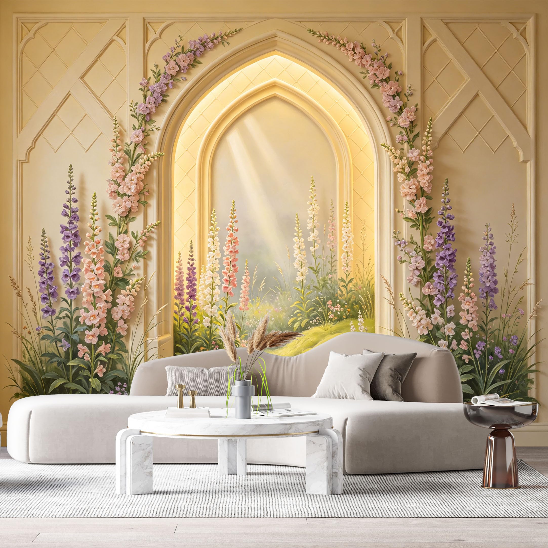 Custom Size Wall Murals Gothic Archway Meadow Delphinium Flowers Oil Painting 3D Trompe L'Oeil SelfAdhesiveWall Fabric Removable Wallpaper Wall Decor for Living Room Bedroom Bathroom