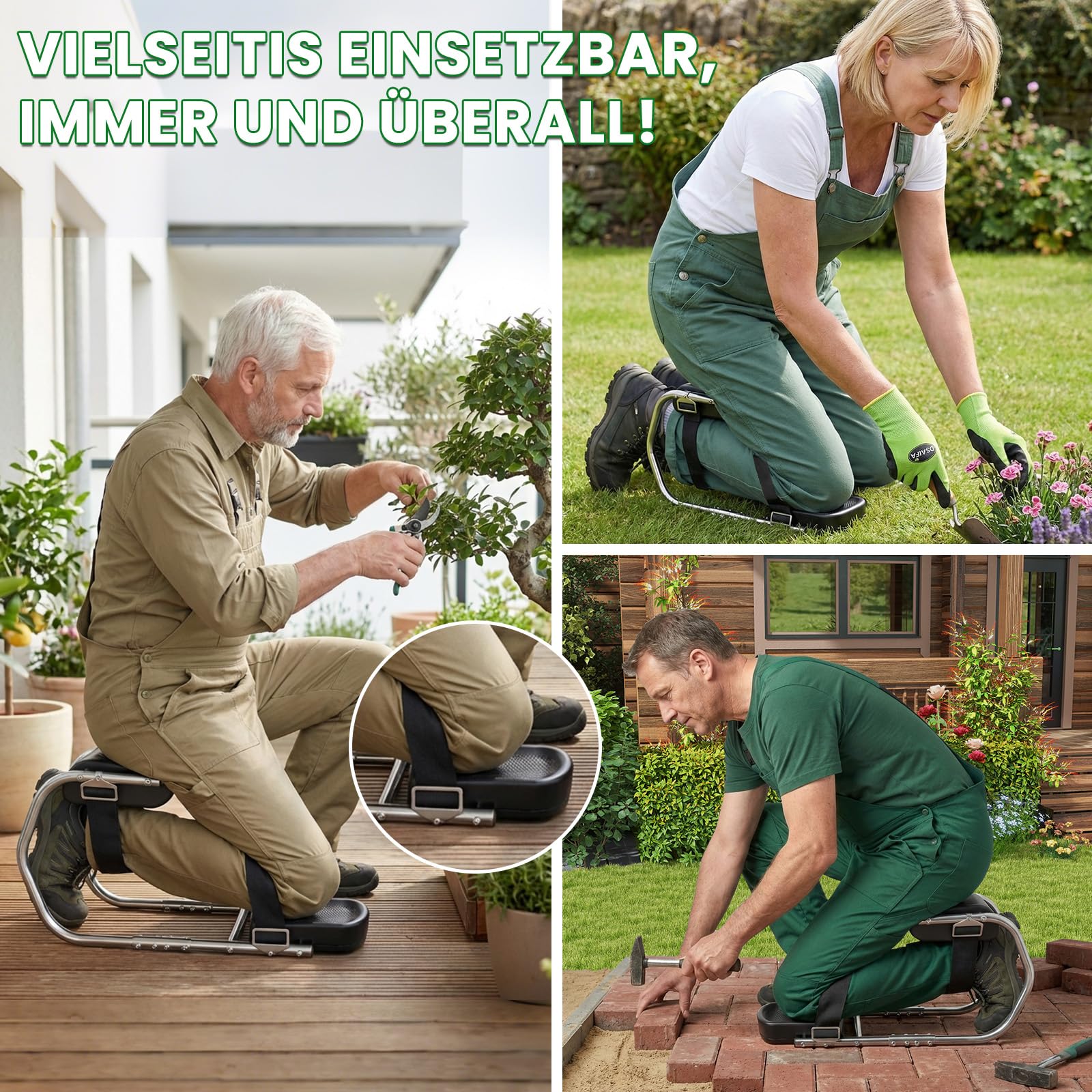 Rodillera para jardinería con función de asiento, comodidad para jardinería, soporte de rodilla ajustable, férula para piernas, 160 – 195 cm de altura, rodilleras en jardín, construcción y
