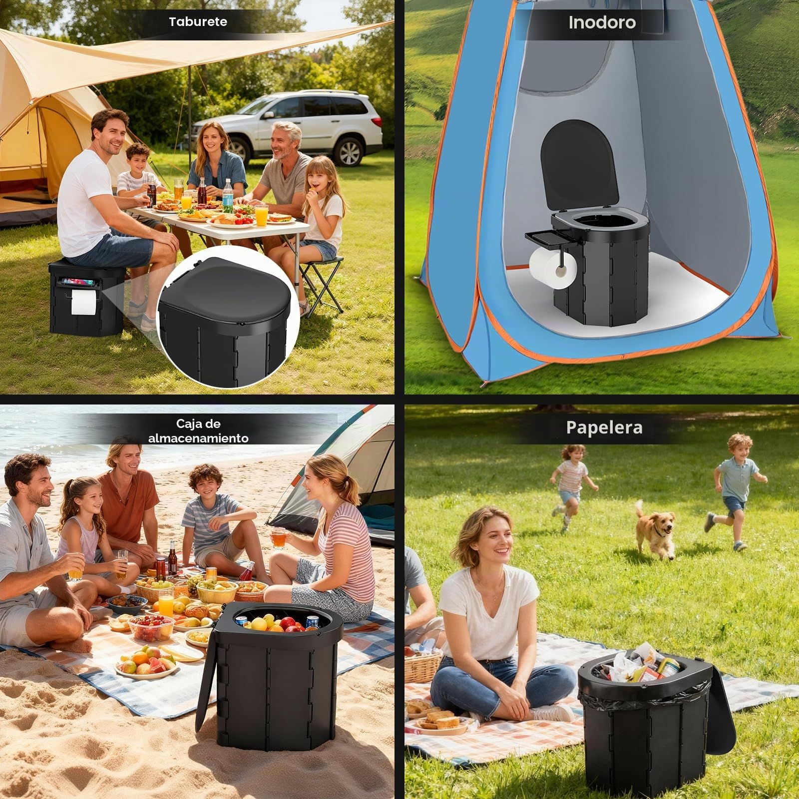 WADEO Inodoro portátil de camping y para coche con cómodo asiento de EVA, inodoro plegable para adultos, cubo higiénico con tapa integrada, portarrollos, soporte para el móvil y 20 bolsas