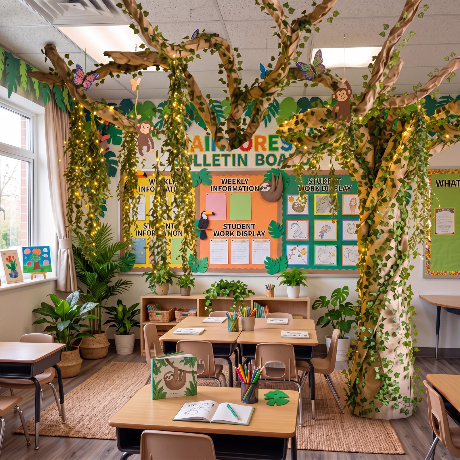 Blosssound Decoración temática de la selva, árbol 3D con hojas artificiales, guirnaldas de hojas de uva, luz LED, papel kraft para fiesta temática de bosque lluvioso 2026, decoración de tablón de