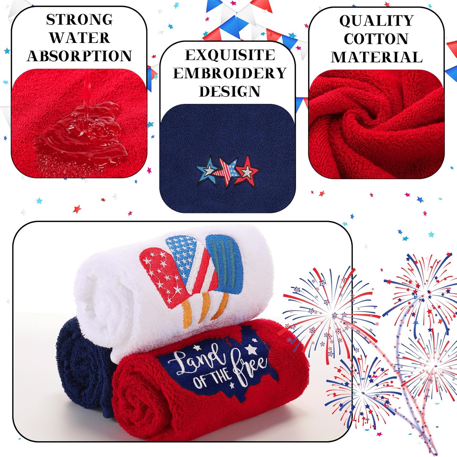 Mindsoft 3 Pcs Memorial Day Hand Towels USA Patriotic Bathroom Towel Red White Blue 250th Anniversary 16 x 28'' 4th of July Kitchen Towels Independence Day American Flag Stars Cotton Embroidered Decor