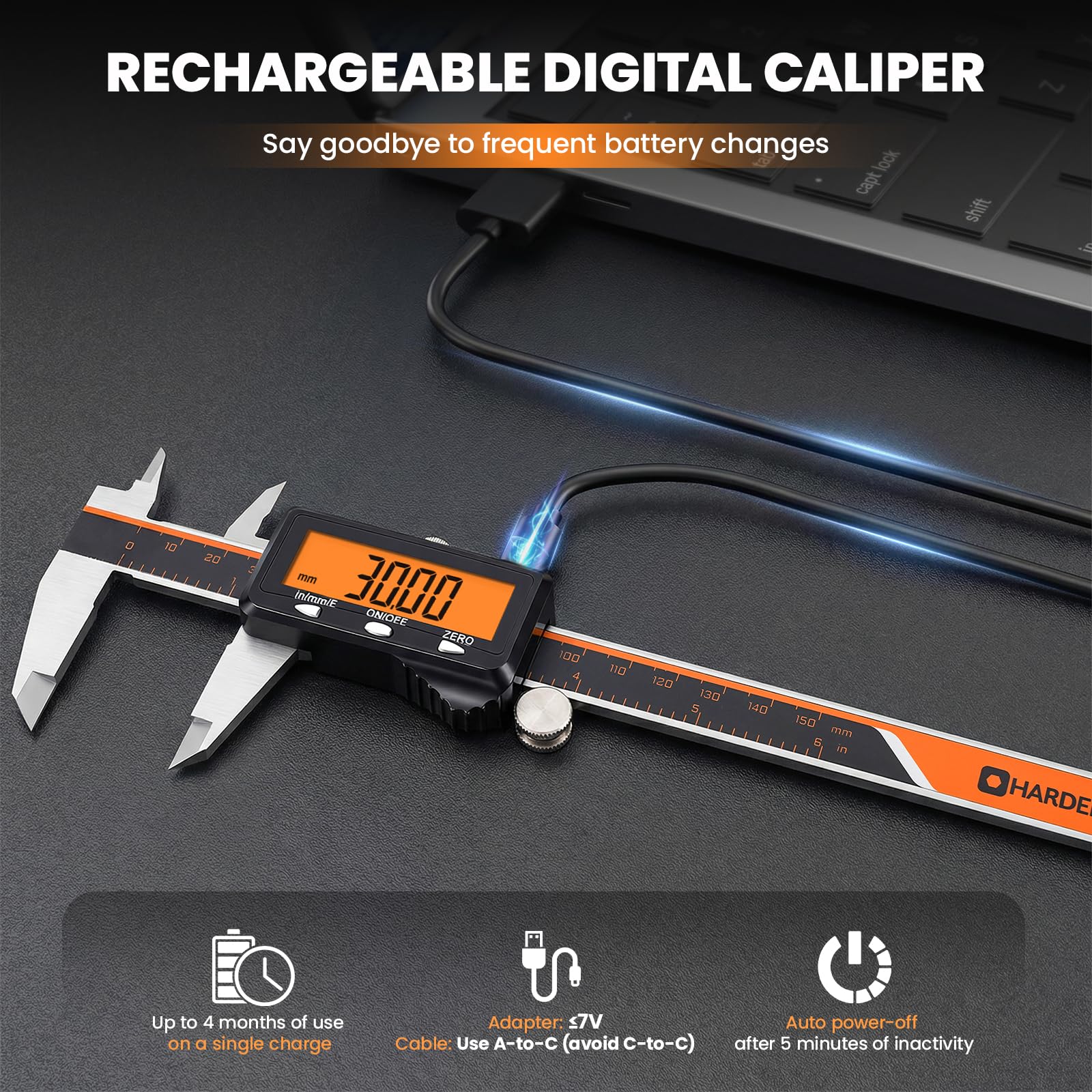 Calibrador digital de 6 pulgadas, recargable, con pantalla naranja grande (sin retroiluminación), de acero inoxidable, con apagado automático, mide en pulgadas, milímetros y fracciones para bricola