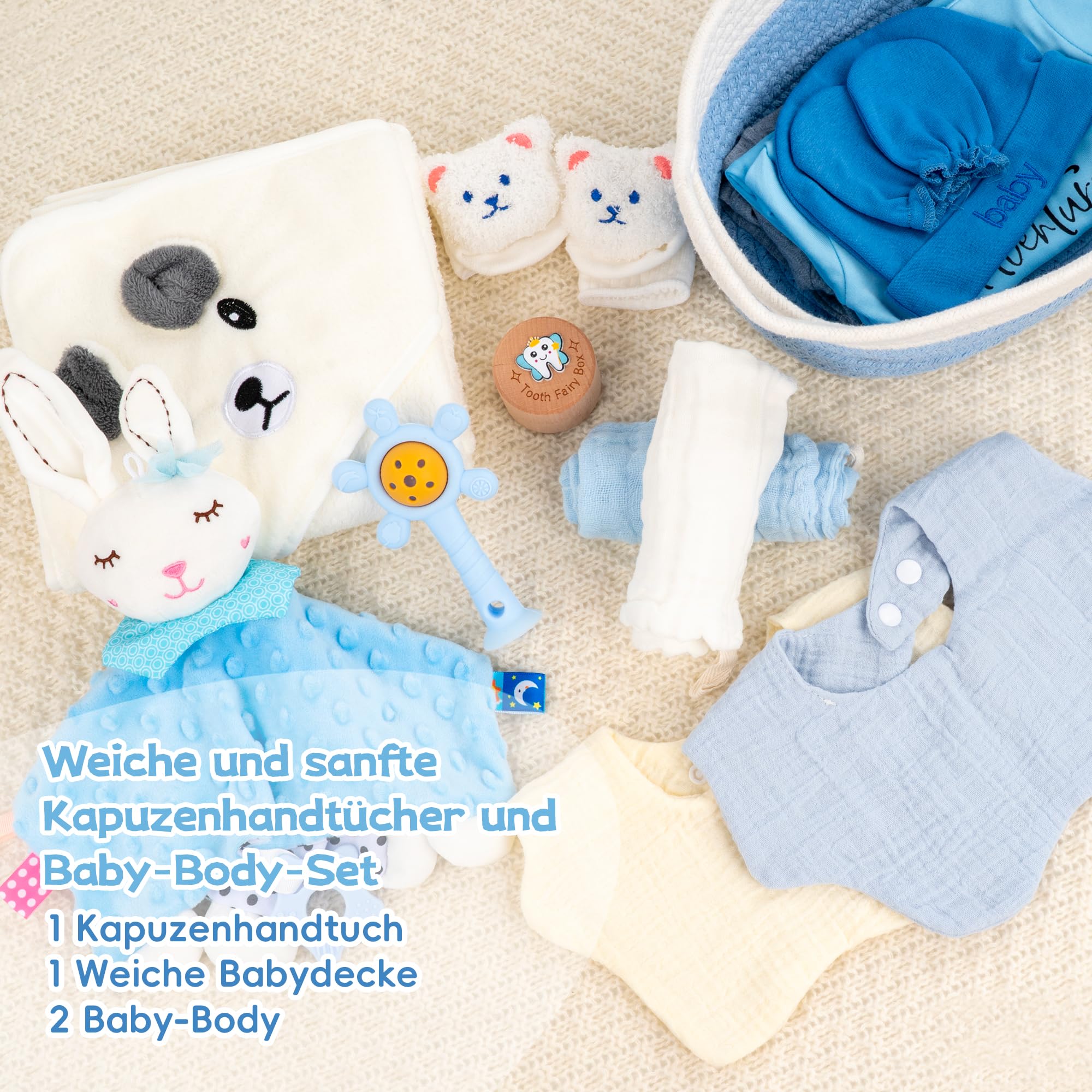 Neugeborenen Geschenk 24-teiliges，Baby zubehör, Strampler, Schnuffeltuch, Rassel & Karte，Geschenk zur Geburt für Babys (Blau)