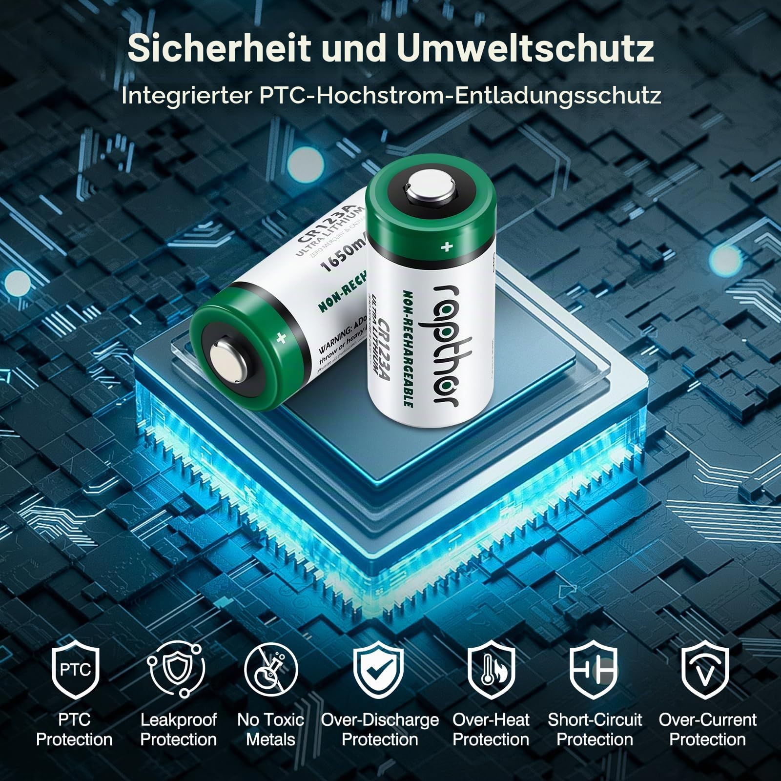 Rapthor CR123A 3V 1650mAh Lithium-Batterien 40 Stück, Ersatz für CR123 CR123A CR17345, für Taschenlampen, Kameras, Blitzgeräte, Rauchmelder, Sicherheits- und Smart-Home Geräte, Nicht wiederaufladbar