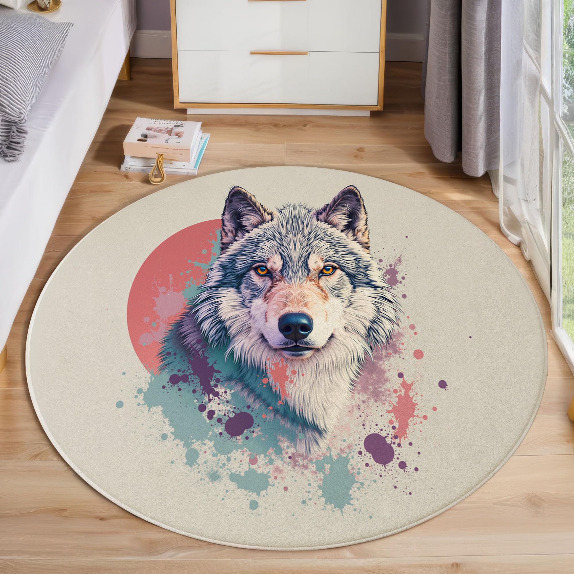 Tapis rond loup beige 180 cm moquette lavable salon