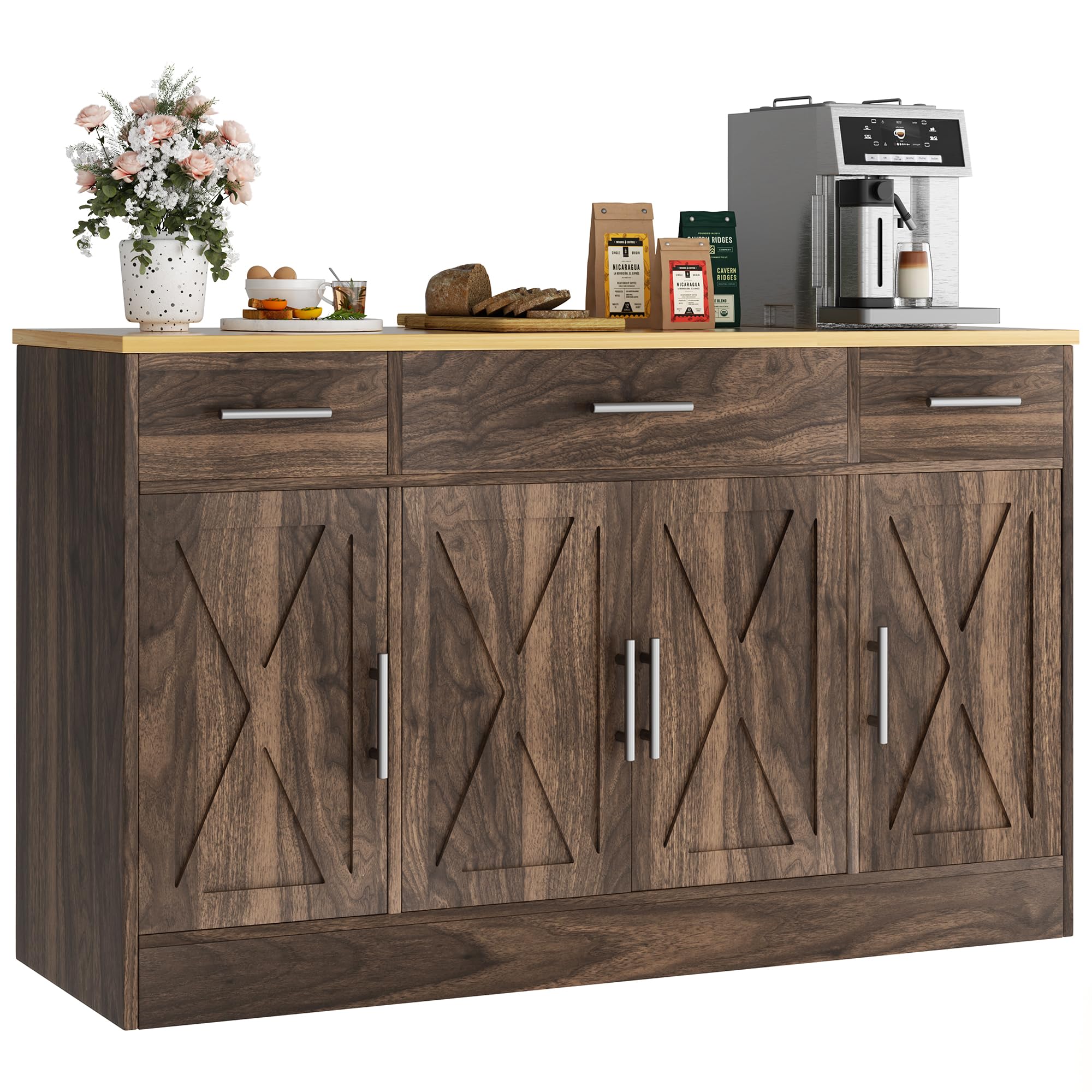 Vongrasig 53' Large Sideboard Cabinet with 4 Doors and 3 Drawers, Farmhouse Buffet Table Coffee Bar Kitchen Storage Cabinet, Wood Cabinet for Kitchen, Dining Room, Rustic Brown