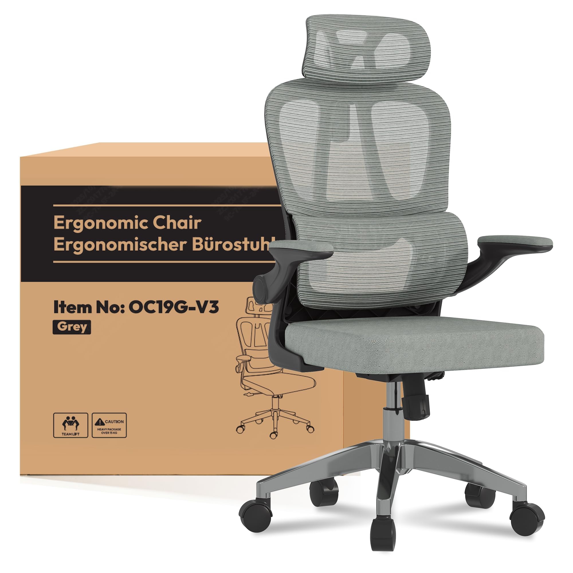 FLEXISPOT OC3 LITE Ergonomiczne krzesło biurowe, krzesło biurkowe z 2D podparciem pod głowę, składanymi podłokietnikami i dynamicznym podparciem lędźwiowym (Lite (Szara Pianka))