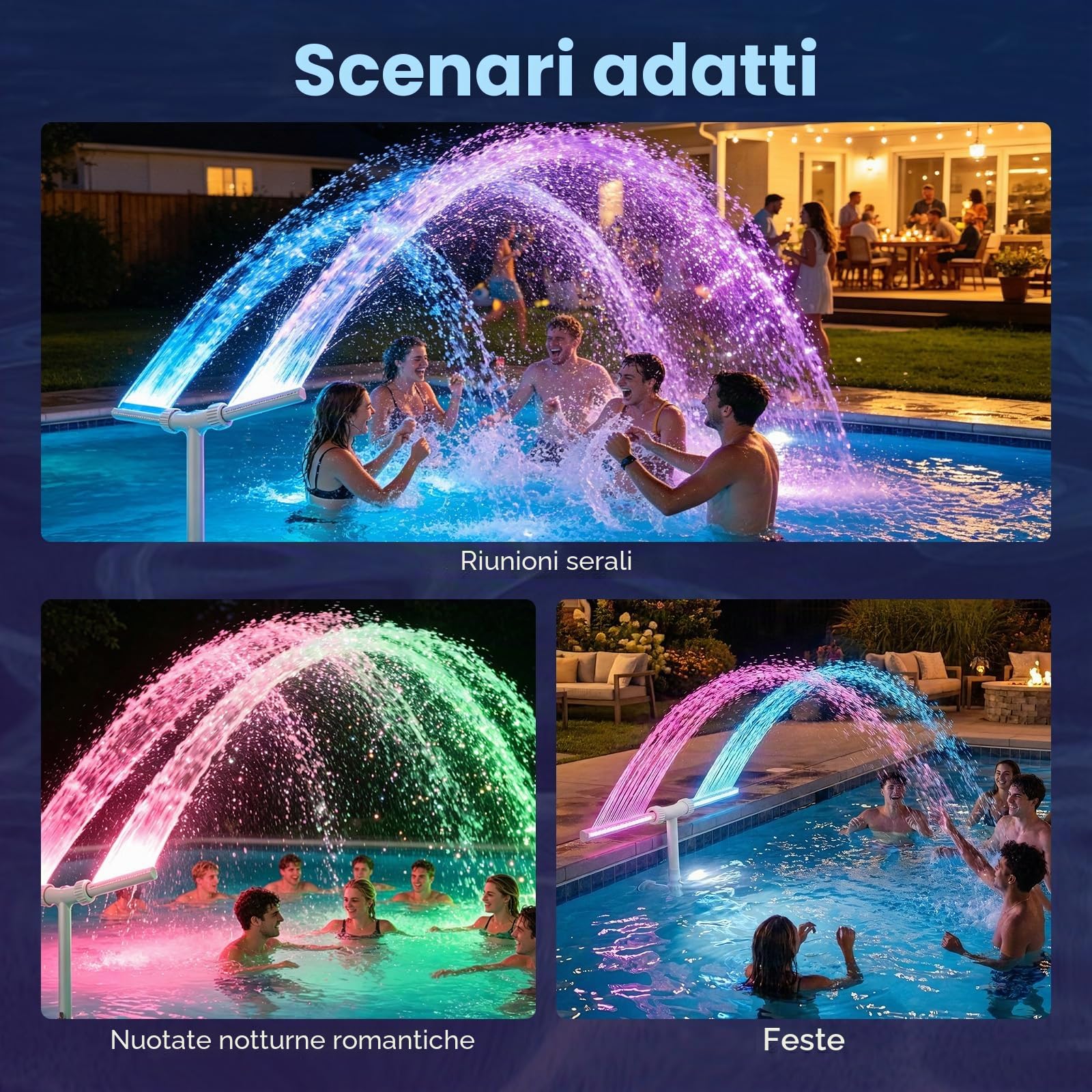 Fontana a cascata per piscina con luce LED, fontana solare con 17 modalità di illuminazione, telecomando e app, doppia testa regolabile a 360°, fontana per piscina per relax e feste, piscine da terra