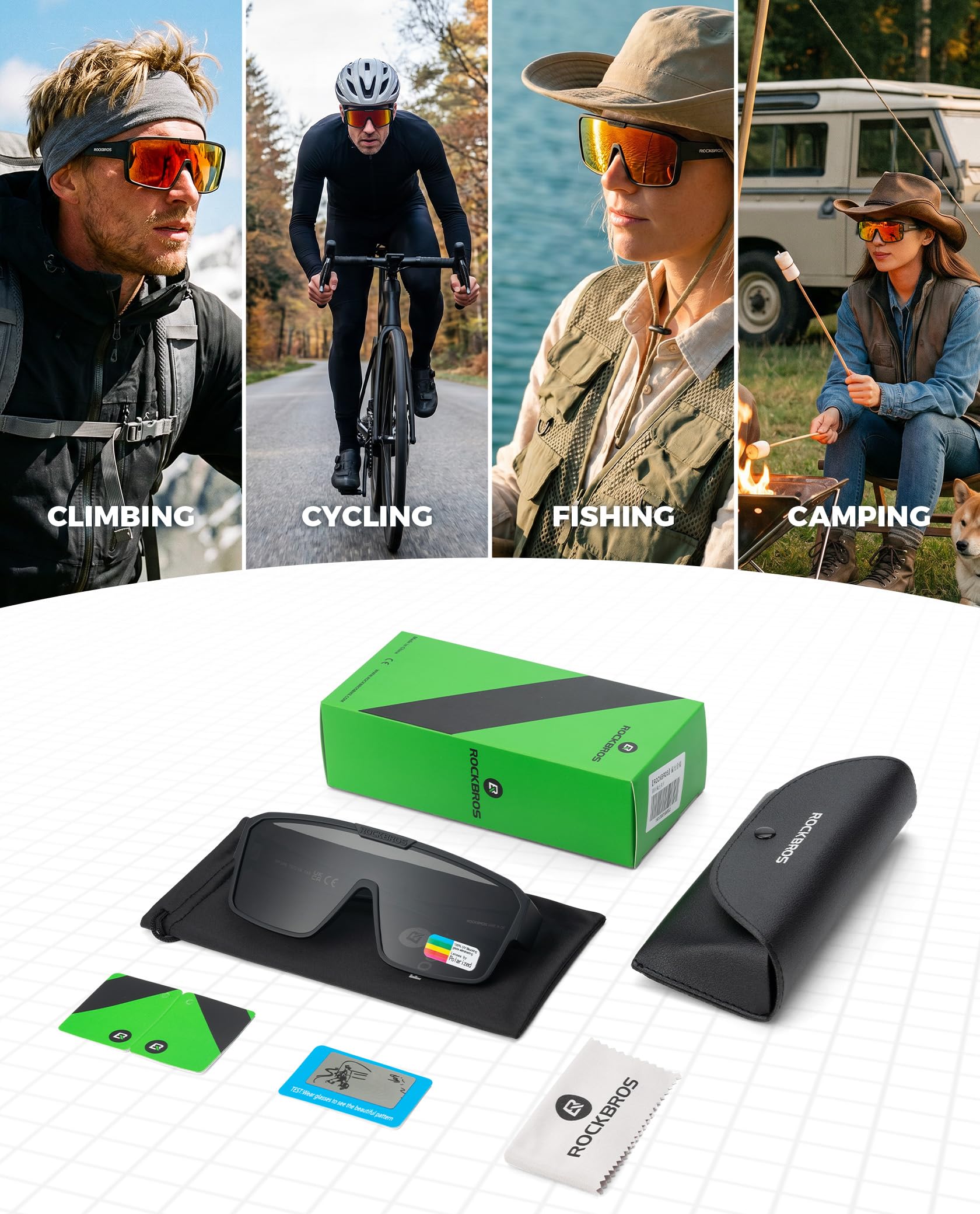 ROCKBROS Lunettes Soleil Polarisées Sport, Surlunette de Cyclisme Polarisées Anti-UV400 Verres TAC Cadre PC pour Homme Femme Vélo VTT Pêche Course Golf Sports de Plein Air