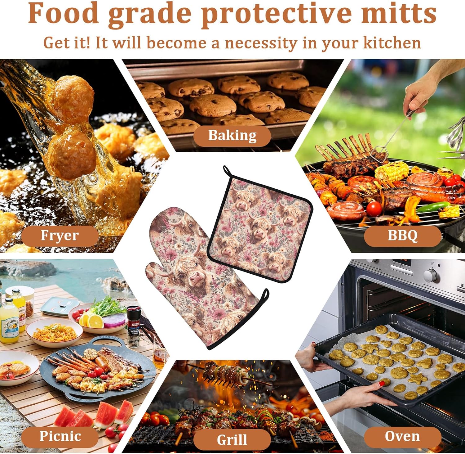 Highland Cow Pink Flower Oven Mitts and Pot Holders Sets 4Pcs Potholders Hot Pads Oven Gloves House Warming for Kitchen Cooking Grilling BBQ