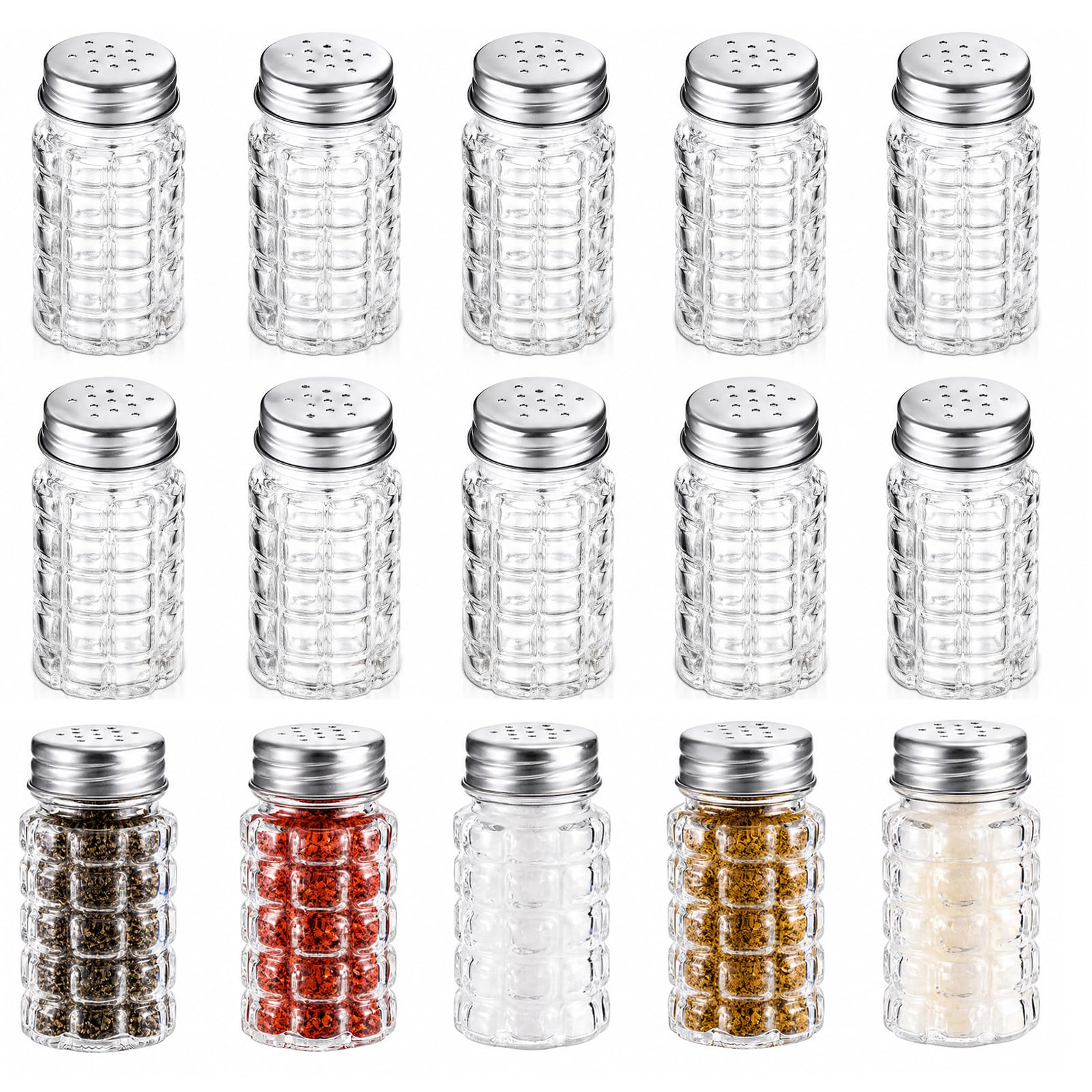 Jucoan 16 Glass Salz- und Pfefferstreuer-Set, Retro-Stil, klares Glas, Salzstreuer mit Edelstahl-Deckeln, für Küche, Tisch, Restaurant
