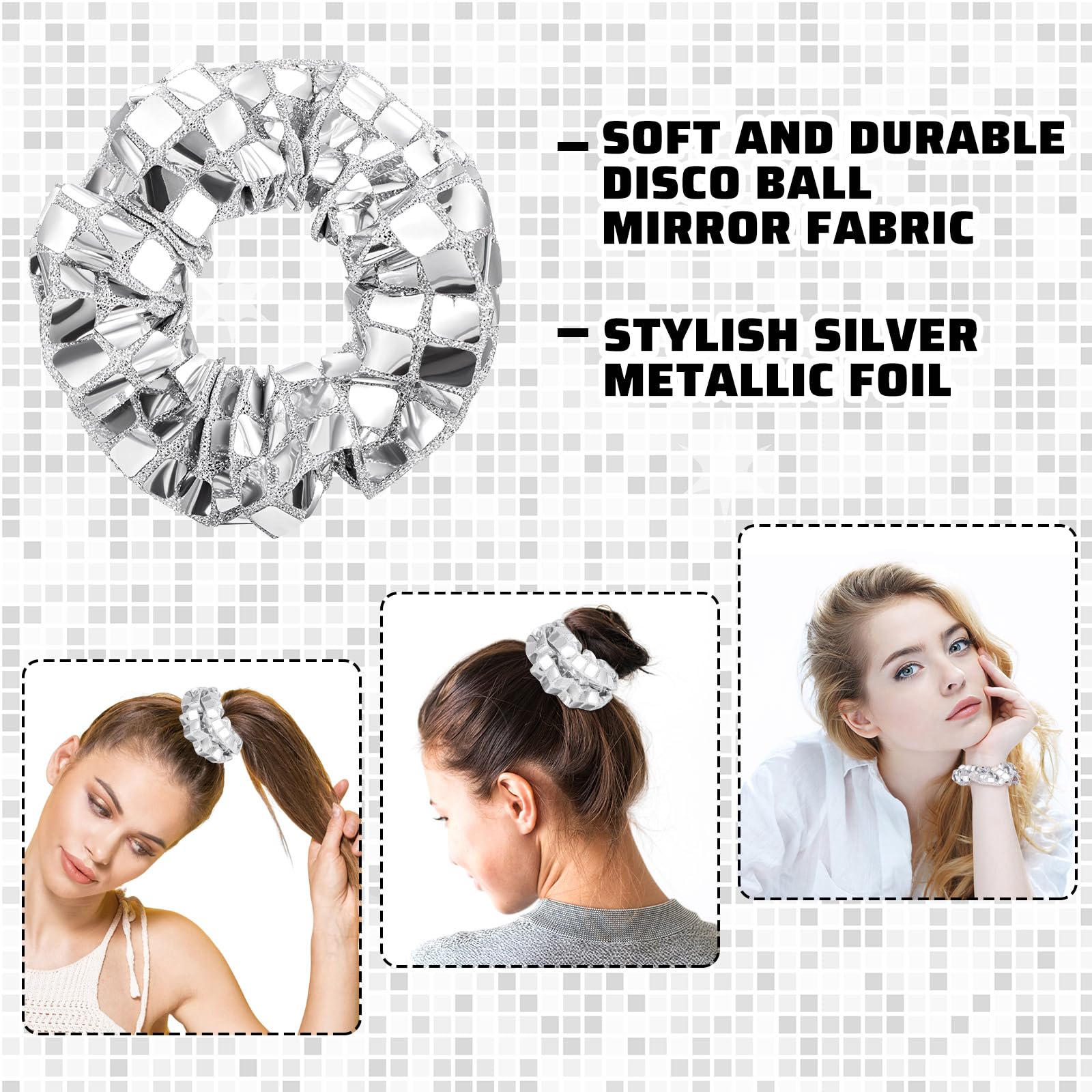 Lyrow Haargummis mit Discokugeln, Pailletten, metallisch, Haargummis, Pferdeschwanz-Halter, Handgelenkbänder, Discokugel-Kopfschmuck, 70er-Jahre-Stil, Disco-Haarschmuck für Mädchen und Frauen,