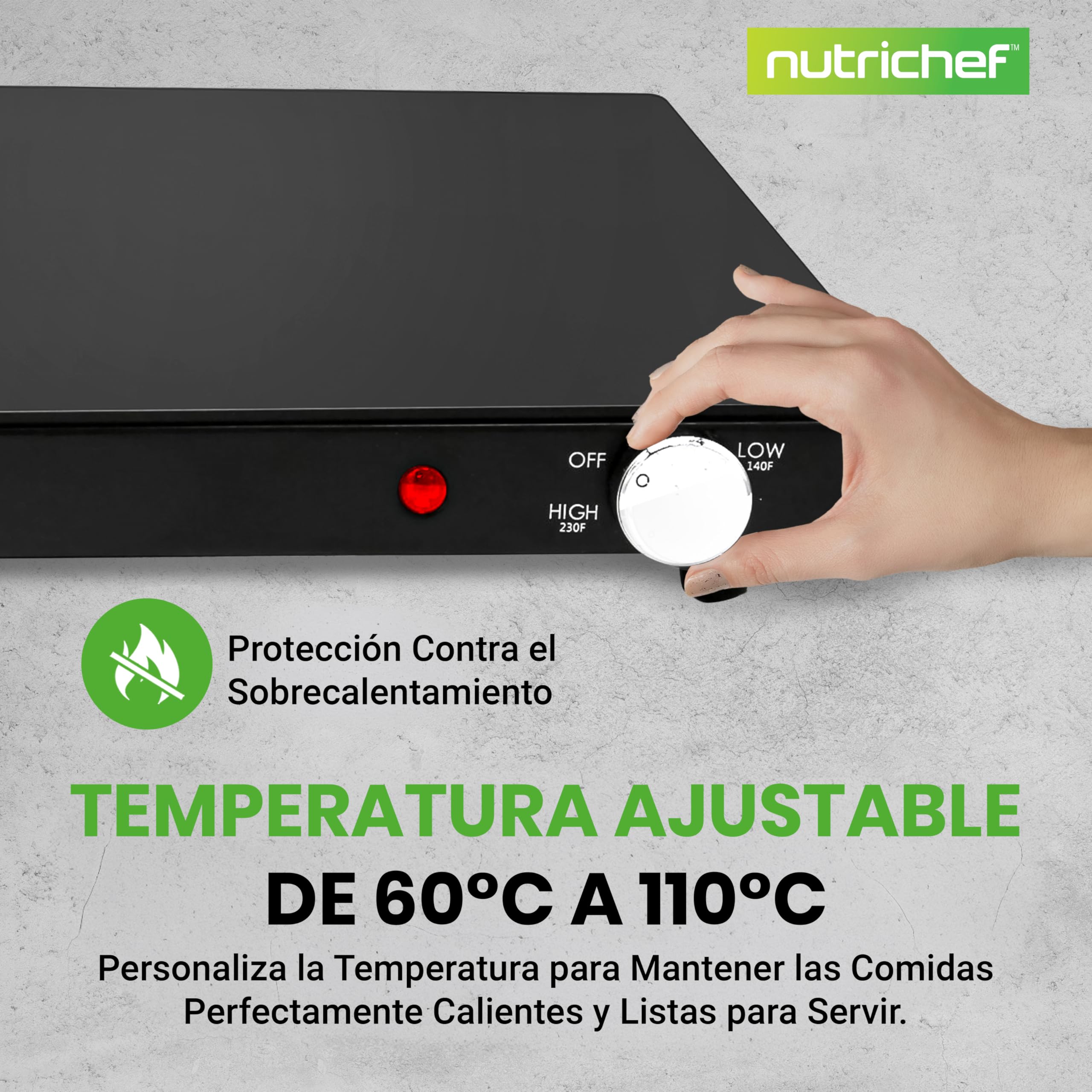 Nutrichef Bandeja Electrica, Hot Plate, de Servicio con Superficie de Vidrio, Temperatura Ajustable, Ahorro de Espacio, Ideal para Buffets, Fiestas y Mas