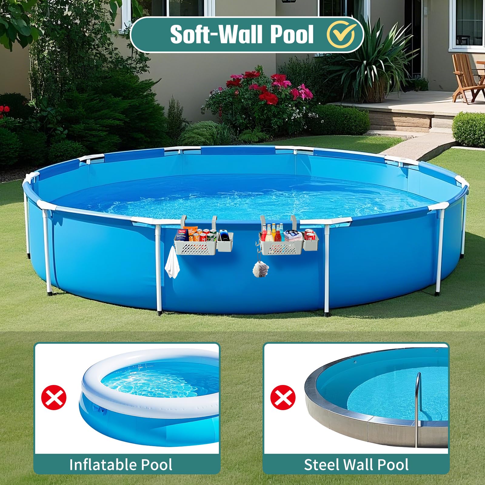 Cesto portaoggetti a bordo piscina, accessori per piscina fuori terra, cestini per piscina con asciugamano organizzato, adatto a binari superiori da 7,6 cm o meno, cestino organizer versatile per