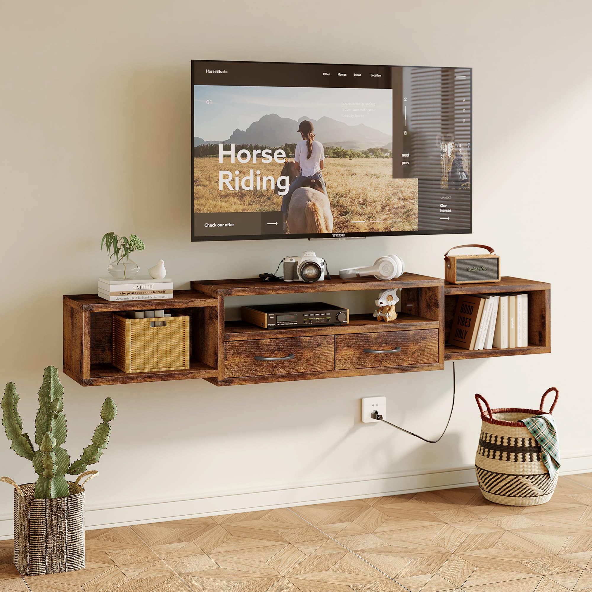 Homeiju 60'' Floating TV Stand with Power Outlet,Wall Mounted TV Console with Drawers, Floating Etertainment Center with Storage, Floating TV Shelf