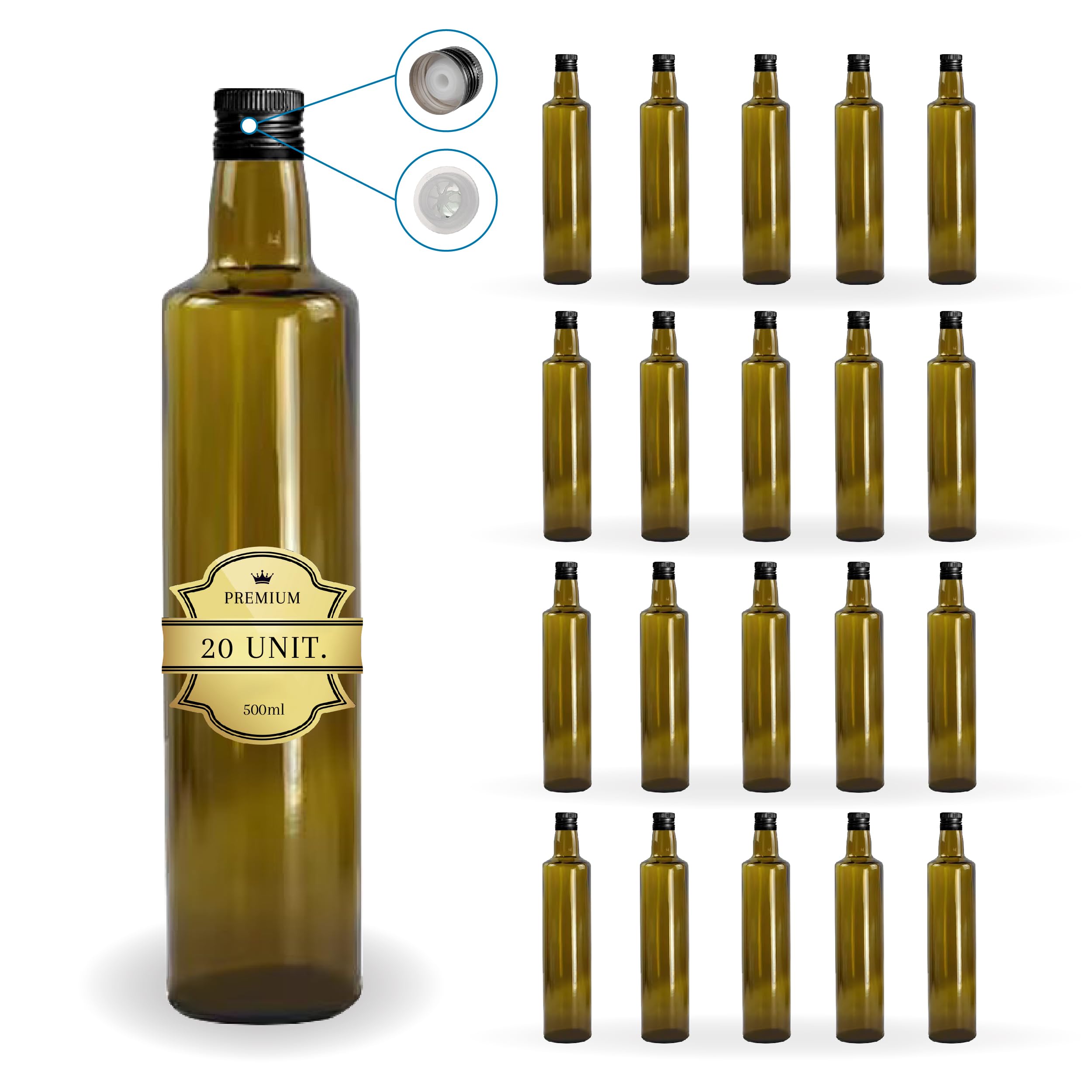 Espirito Rebelde - 20 botellas de vidrio oscuro 500 ml con tapón de rosca negro con boquilla para verter - Aceite de oliva, vinagre, alcohol, salsas - aceitera
